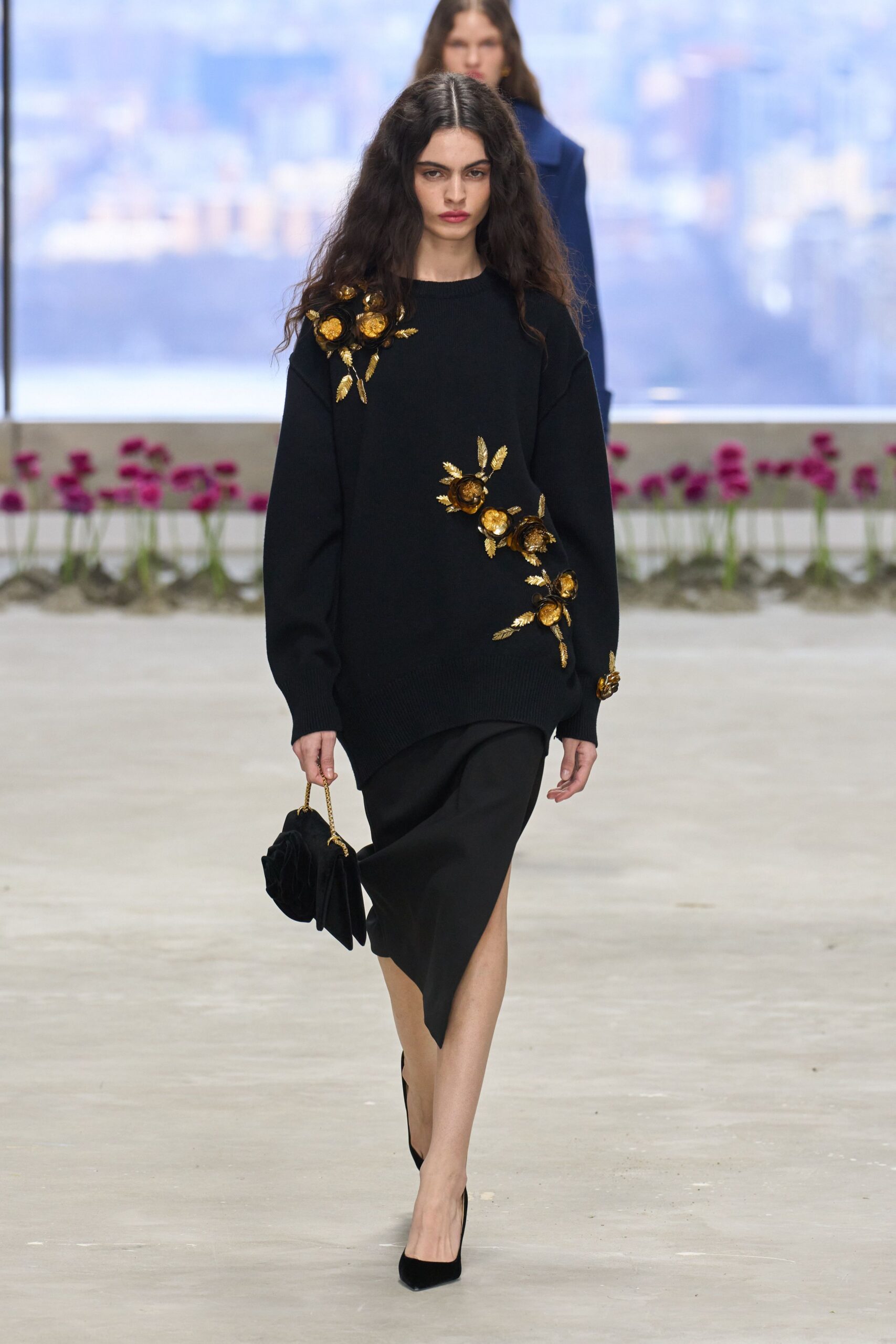 black cotton long-sleeve collared relaxed embroidered sweater