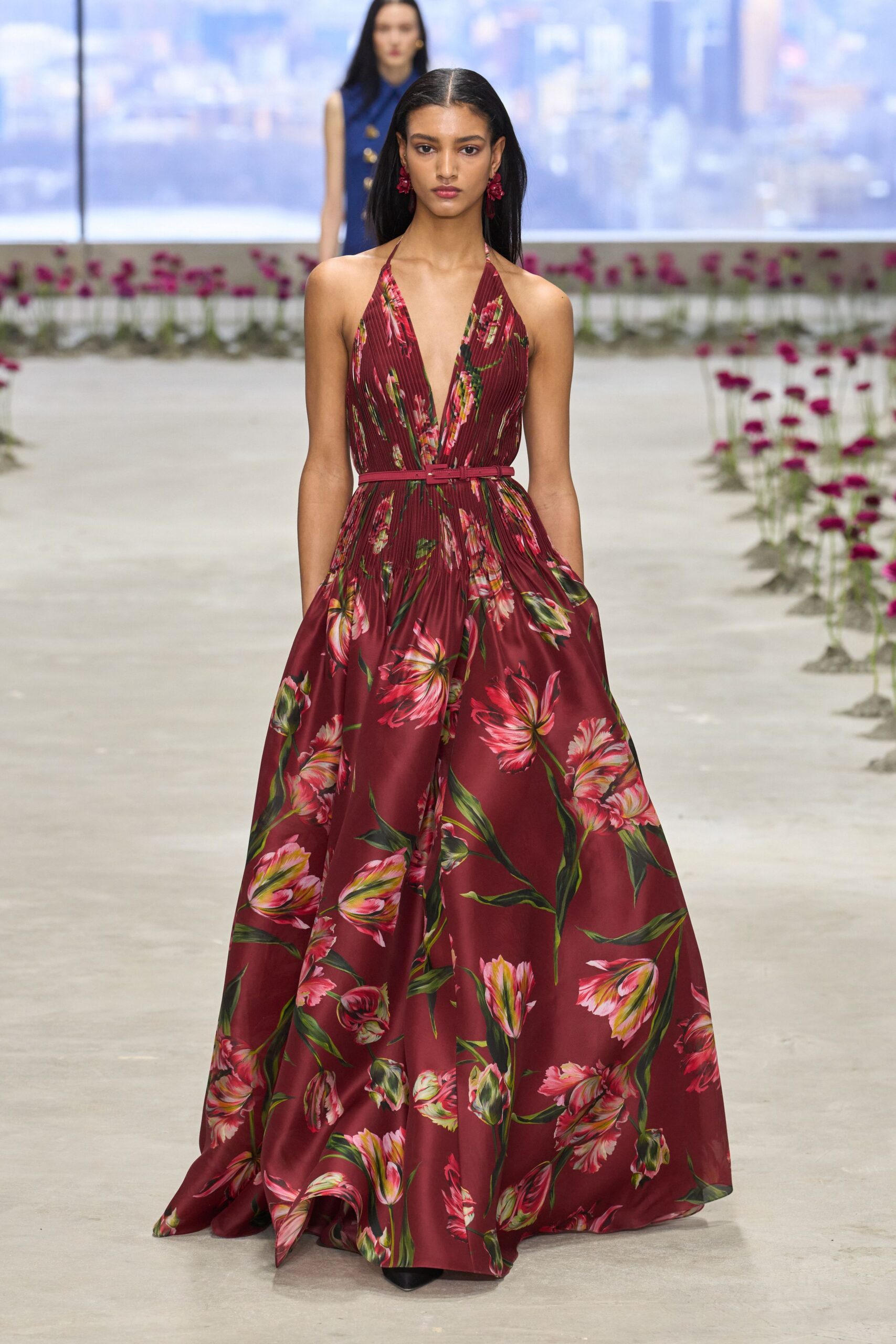 red floral sleeveless gown