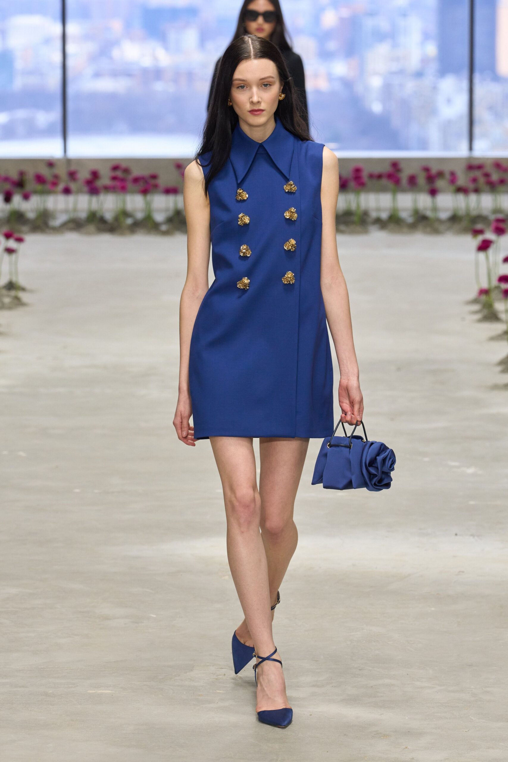 blue cotton sleeveless collared fitted buttoned mini dress