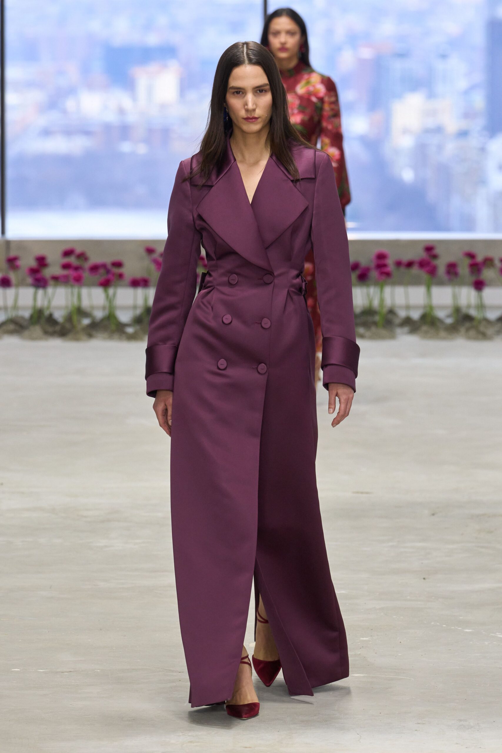 purple silk long-sleeve double-breasted fitted belted maxi trench