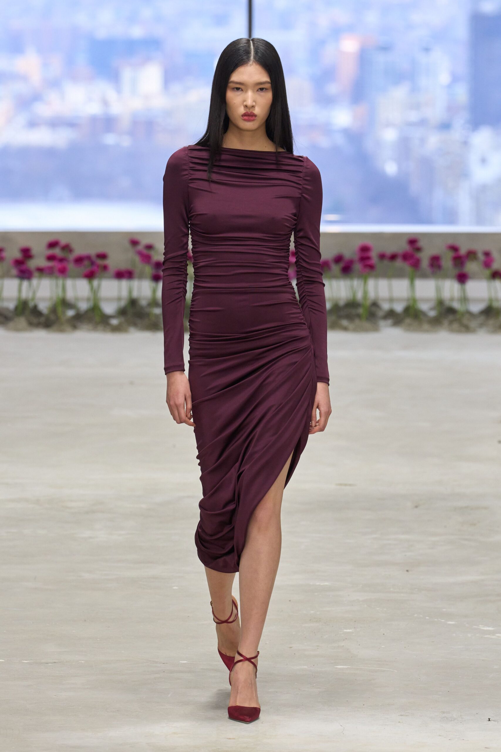 maroon silk long-sleeve v-neck fitted ruched midi dress