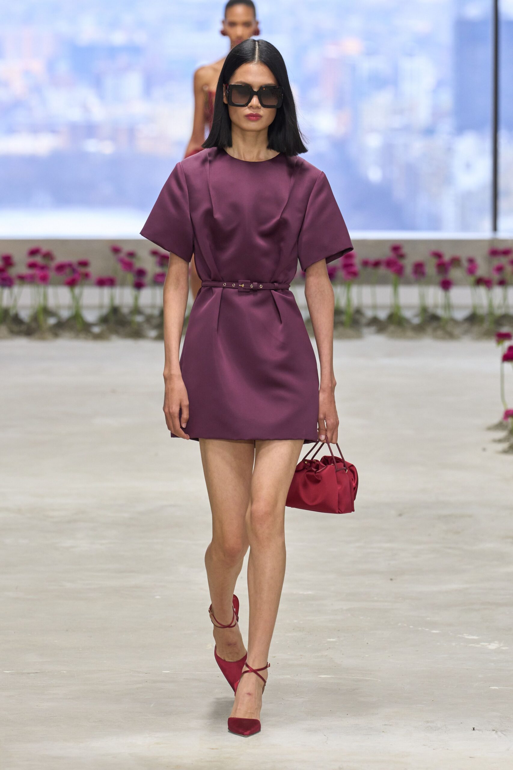 purple satin short-sleeve v-neck fitted belted mini dress