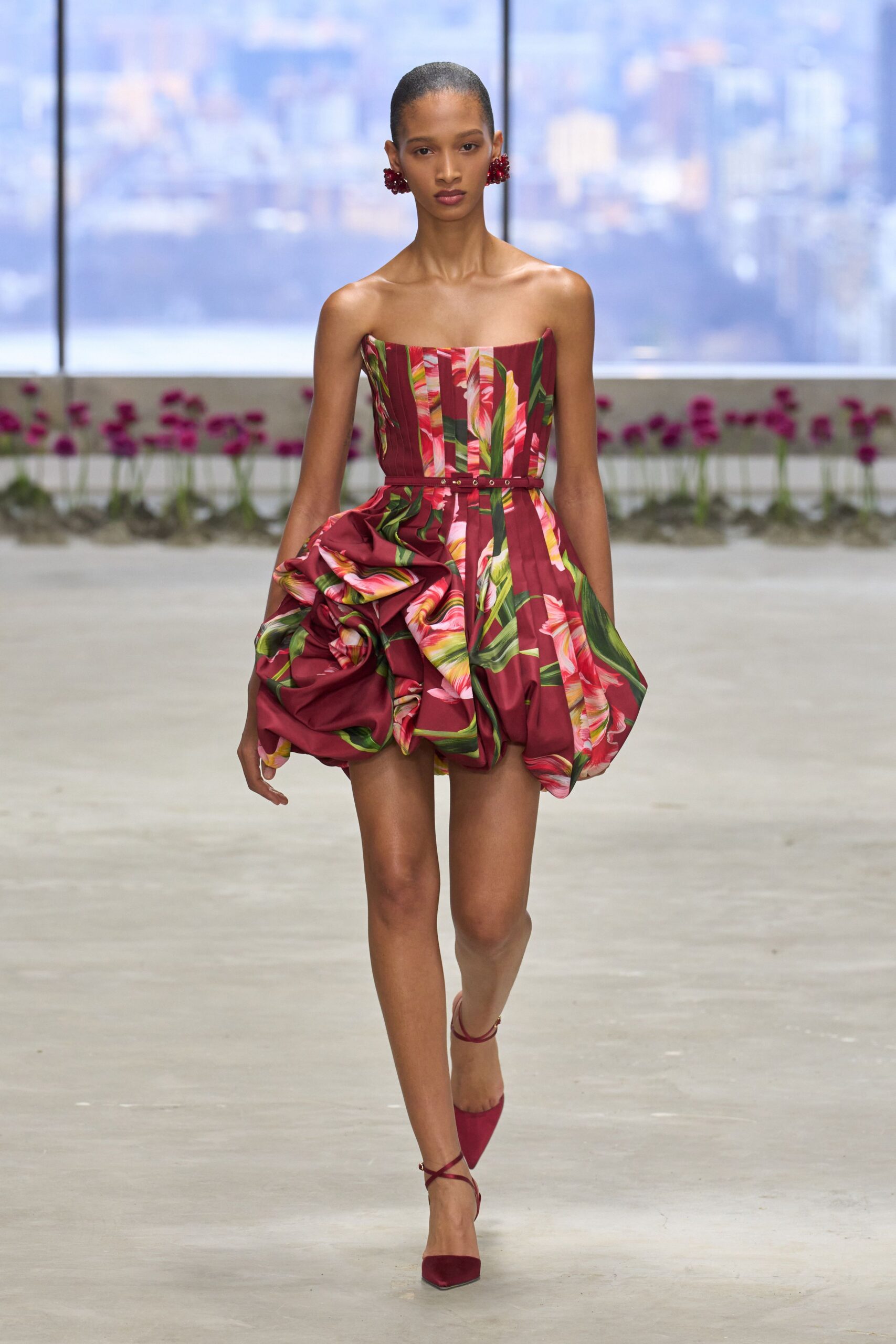 red silk strapless fitted ruffled flared mini dress