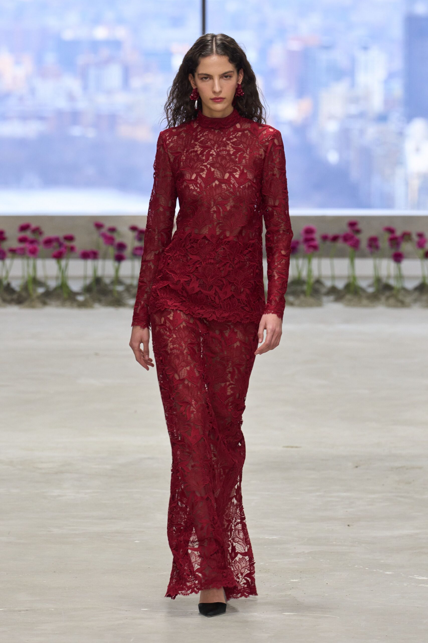 red lace long-sleeve high-neck fitted embroidered sheer gown
