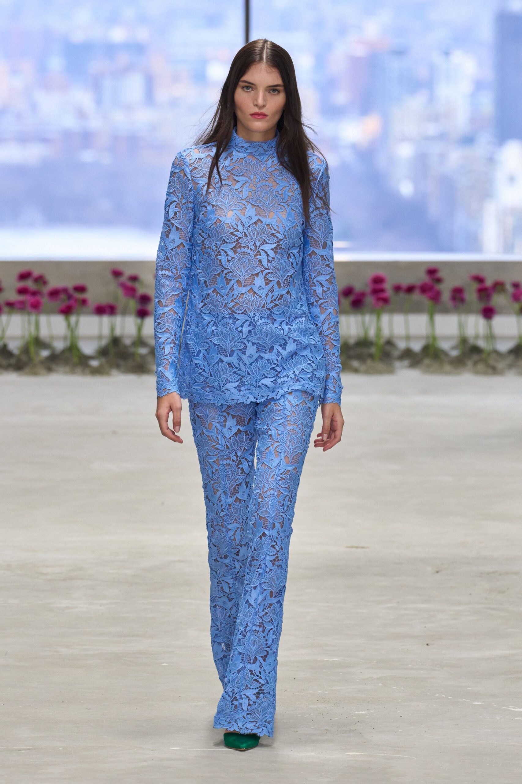 blue lace long-sleeve high-neck fitted embroidered sheer top