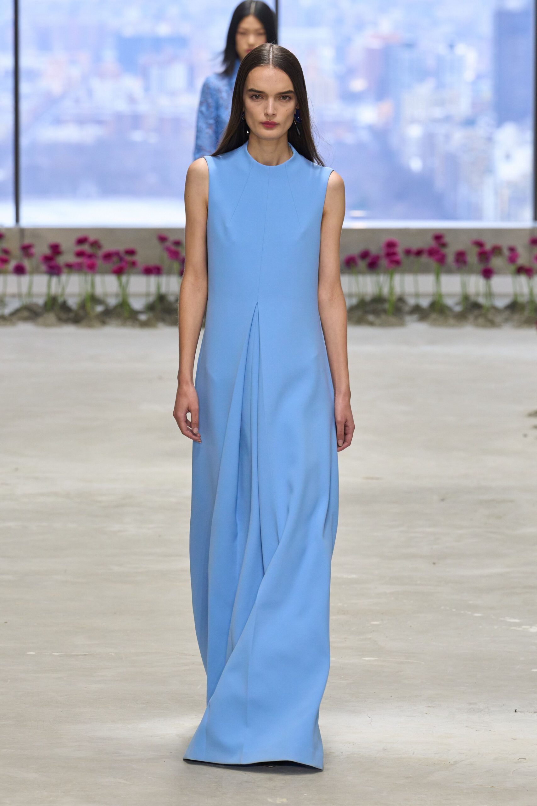 blue silk sleeveless gown