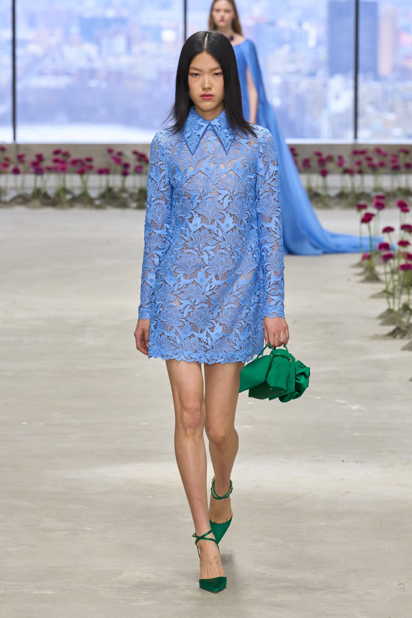 blue lace long-sleeve collared fitted embroidered straight-leg dress