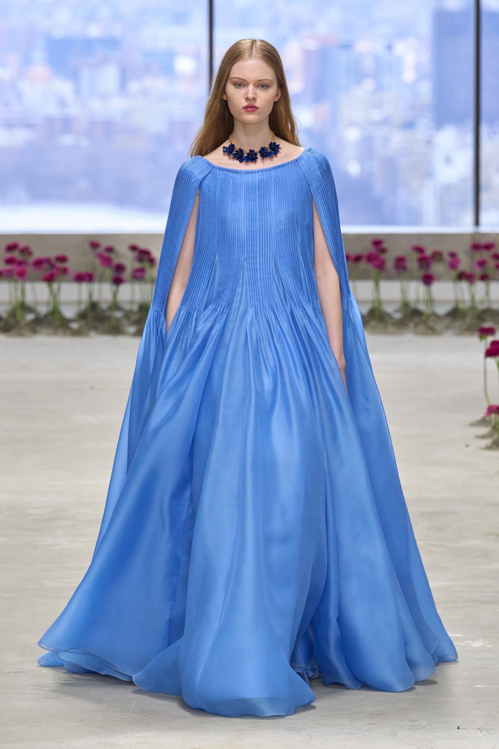 blue silk pleated gown