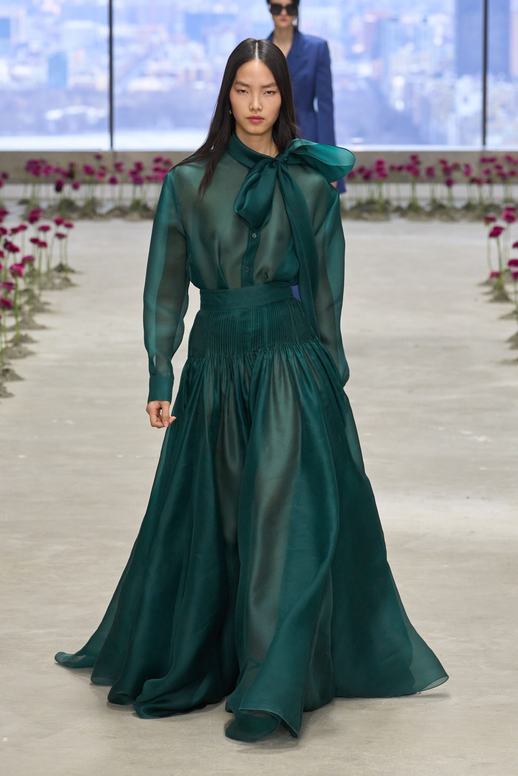 green silk fitted tiered flowing maxi skirt