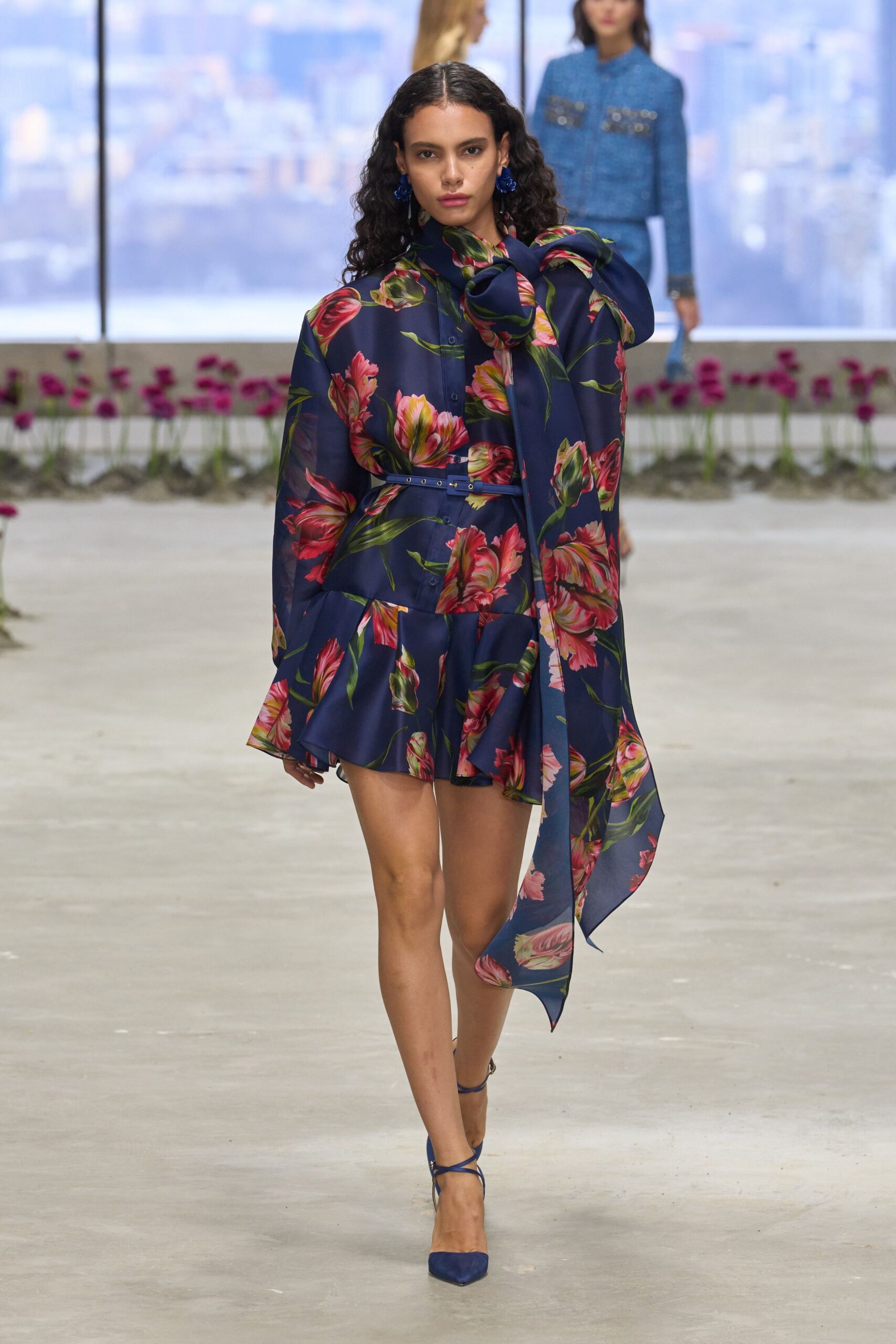 blue silk long-sleeve v-neck fitted floral flared dress