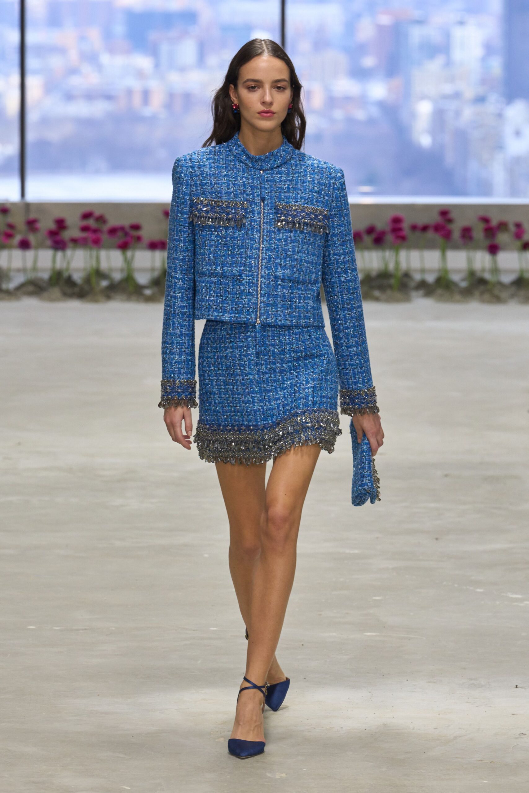 blue tweed long-sleeve collared structured zippered fringed jacket