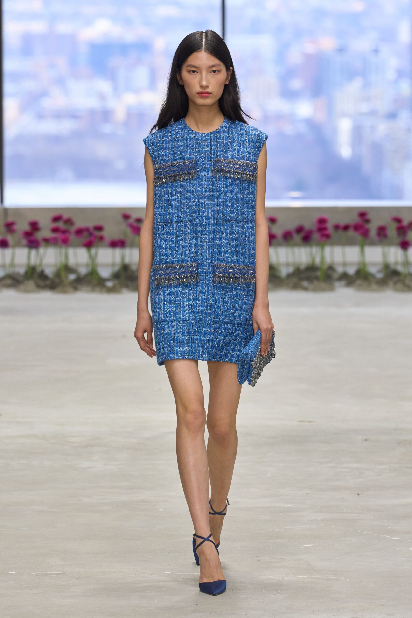 blue tweed sleeveless collared fitted pockets mini dress