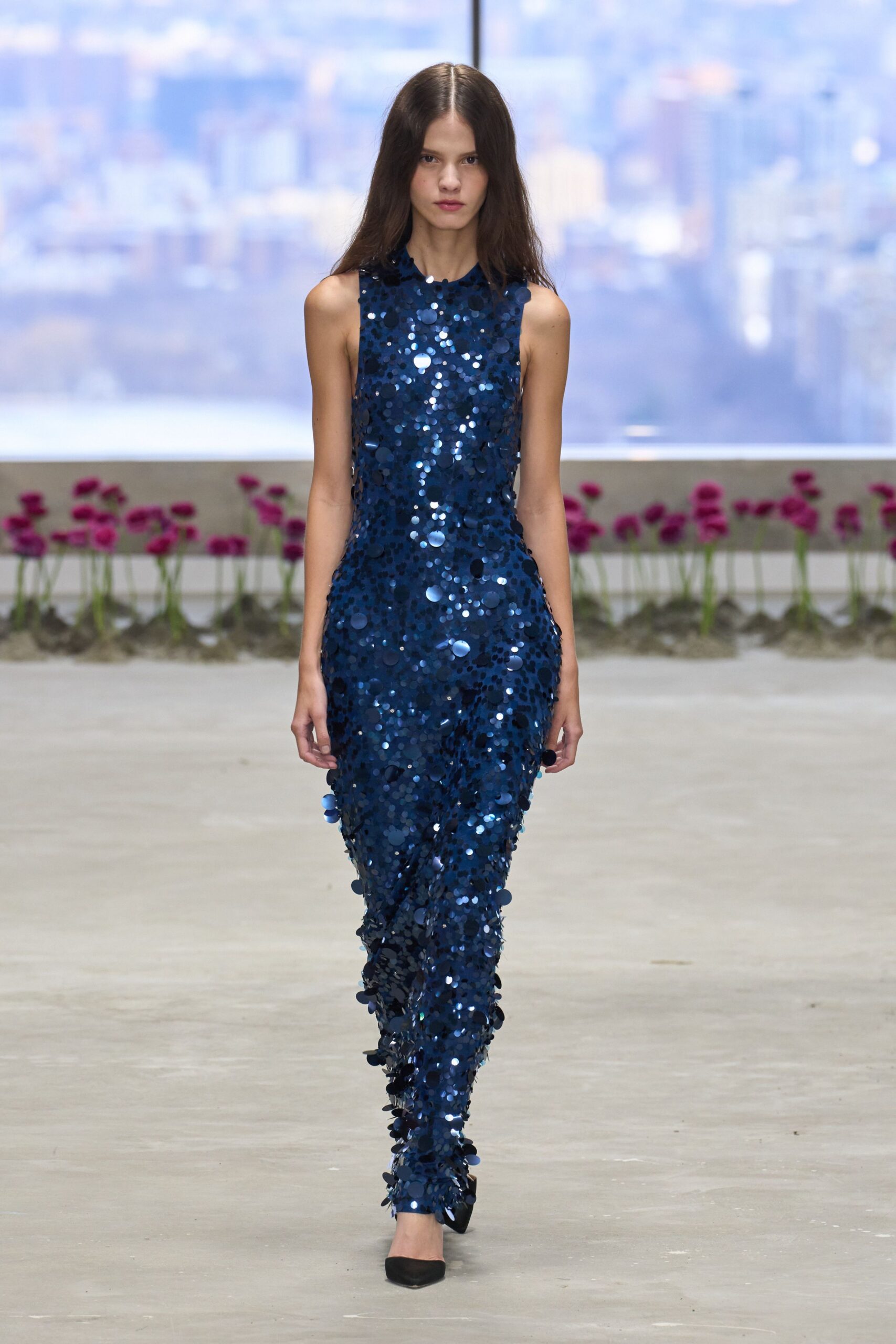 blue sequin sleeveless high-neck fitted embellished shiny gown