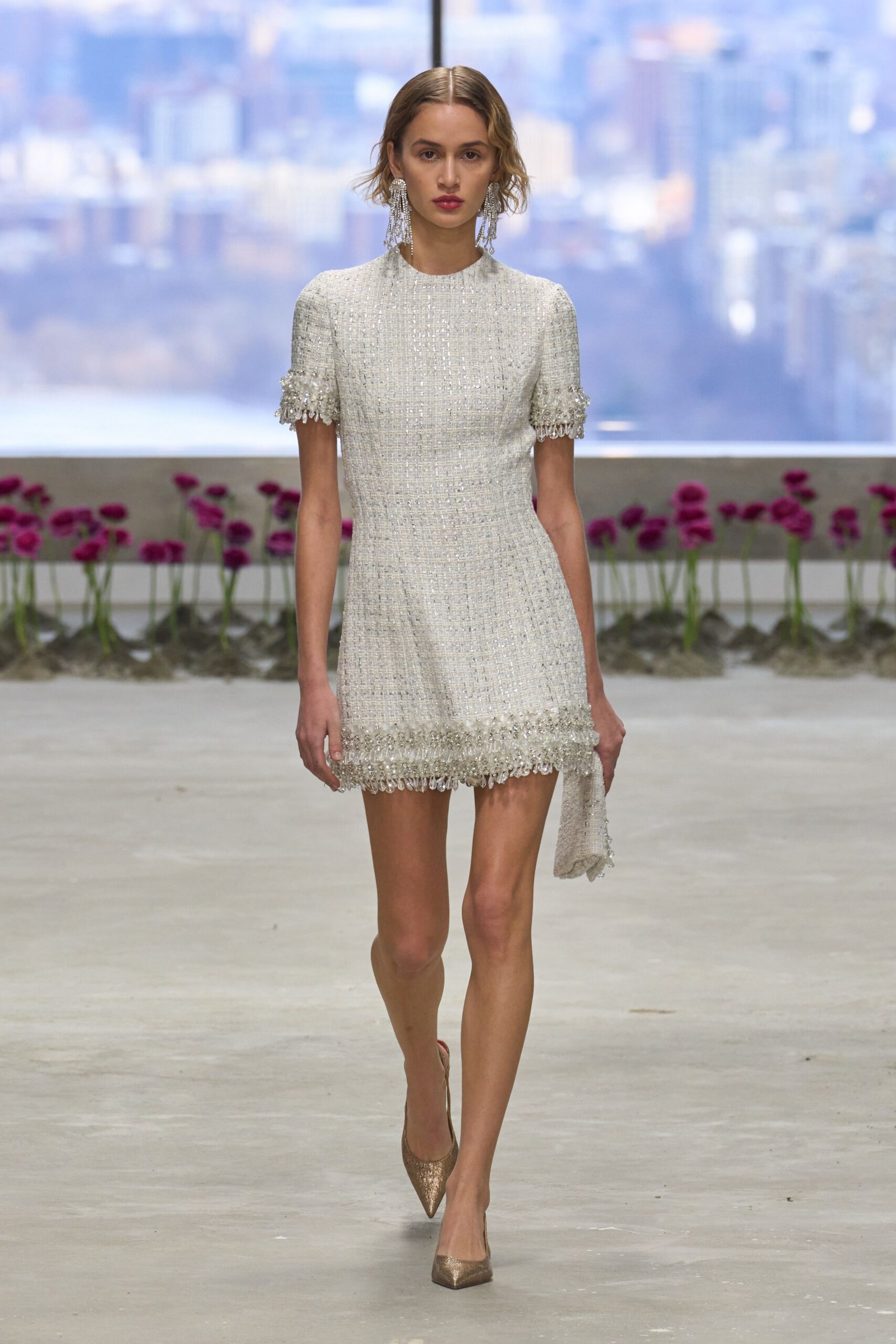 white tweed short-sleeve high-neck fitted fringed mini mini-dress