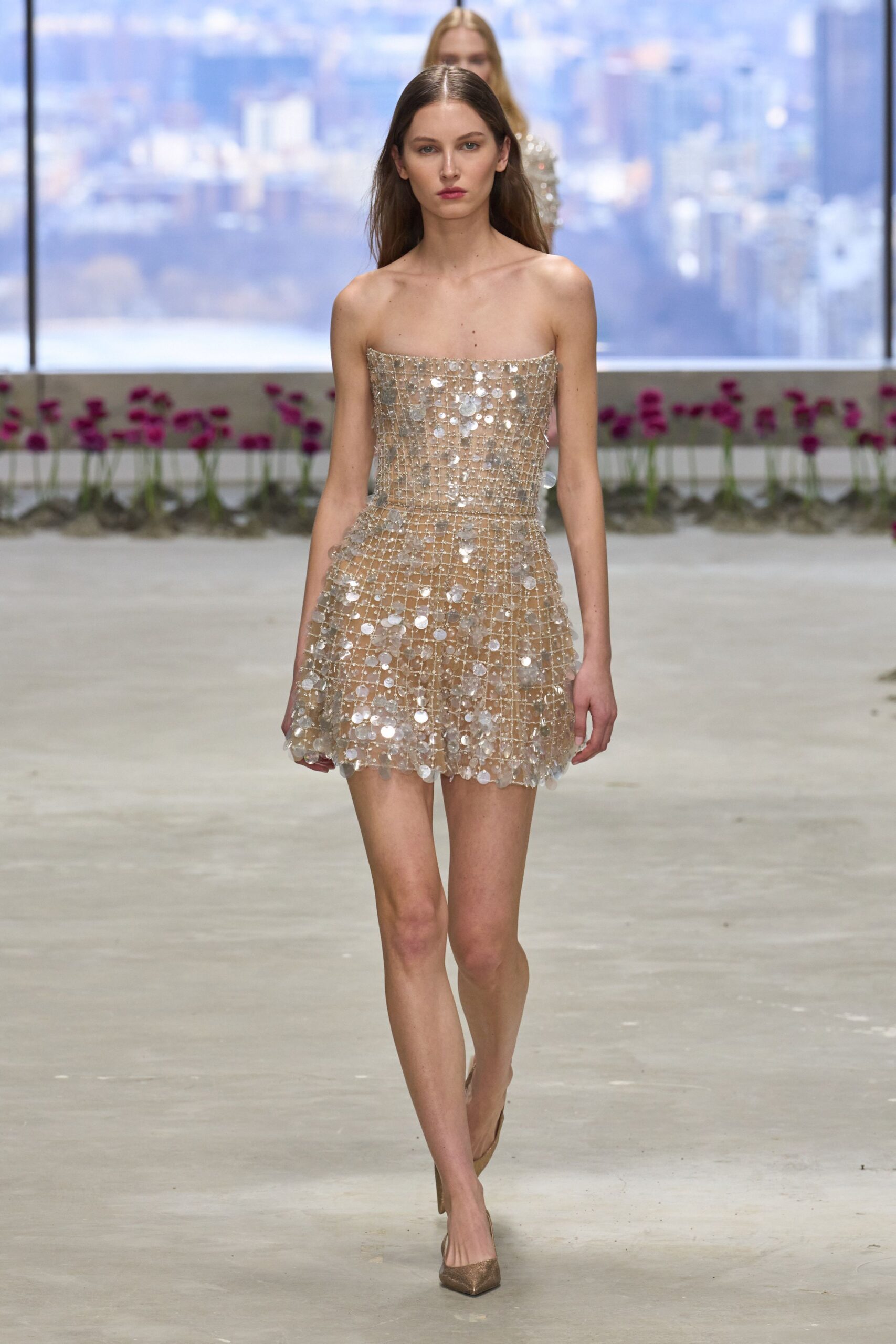 gold silk strapless fitted embellished shiny mini dress