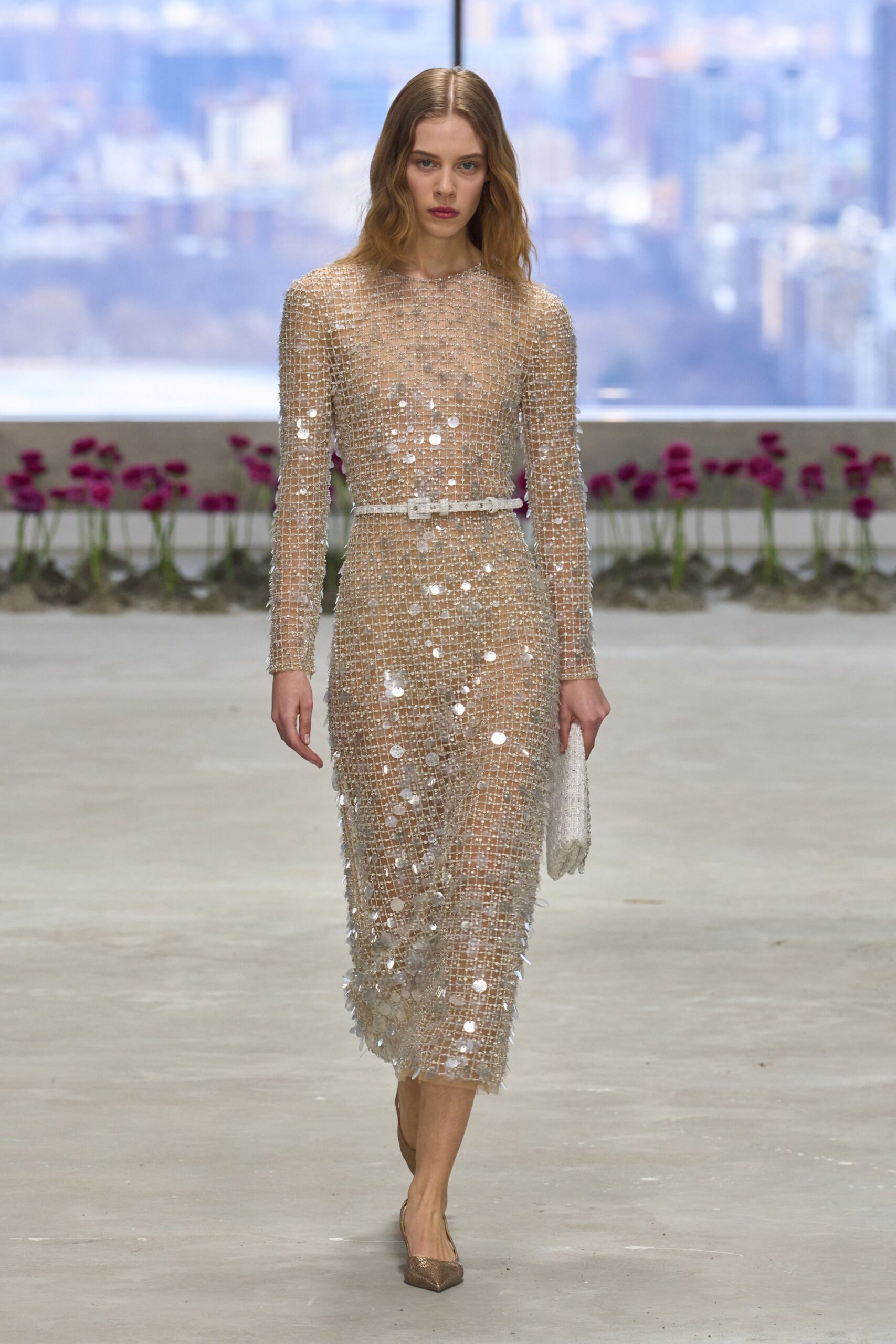 beige mesh long-sleeve v-neck fitted sequined layered dress