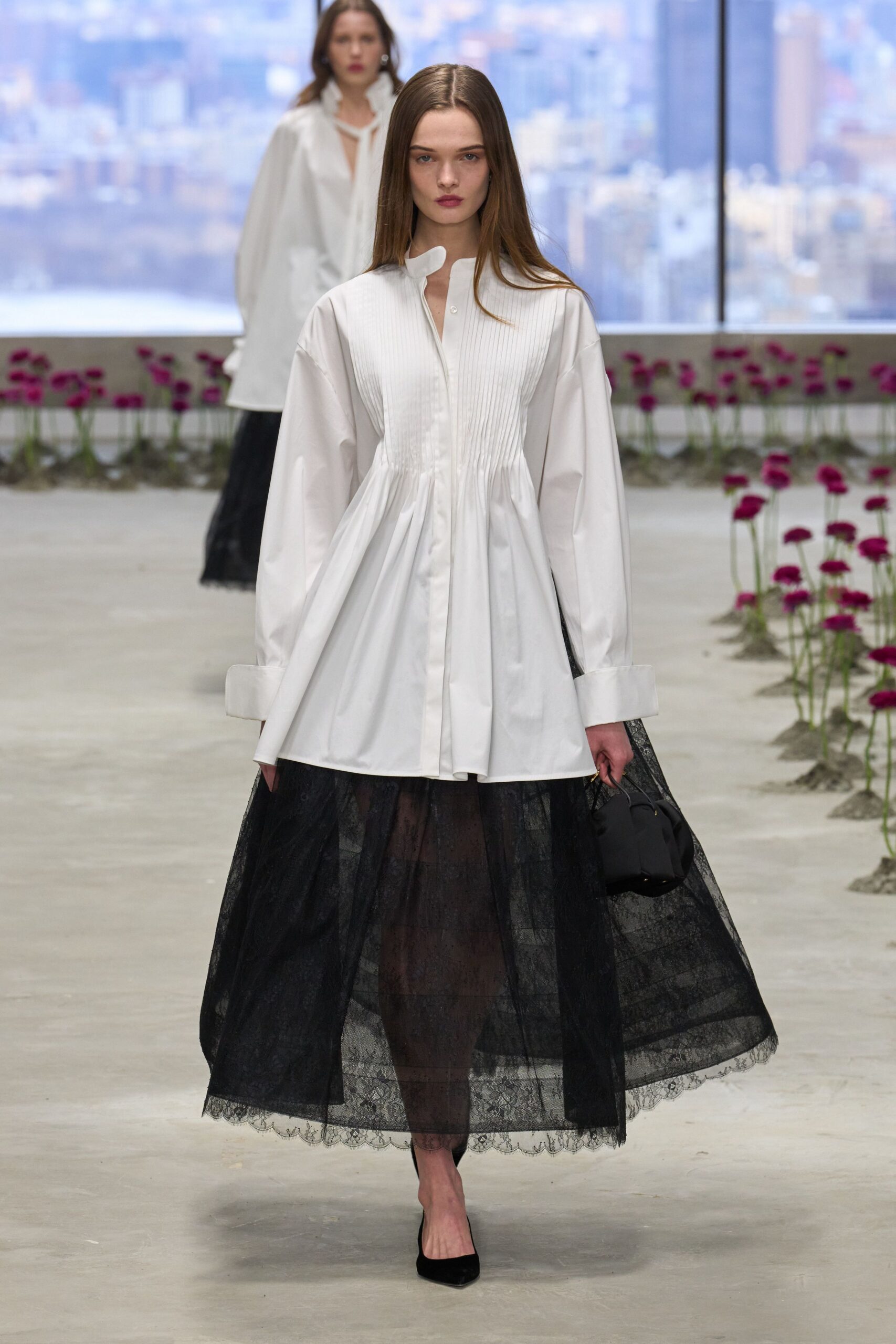 white cotton long-sleeve collared relaxed pleated shirt