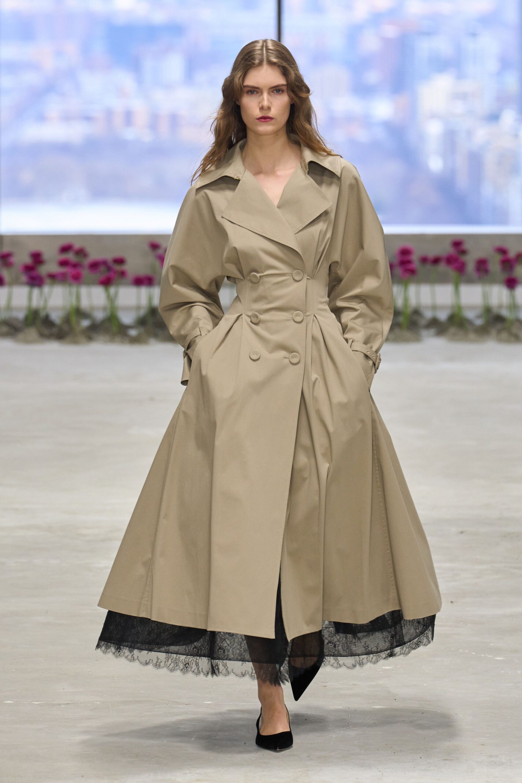 beige cotton long-sleeve collared fitted buttoned layered trench