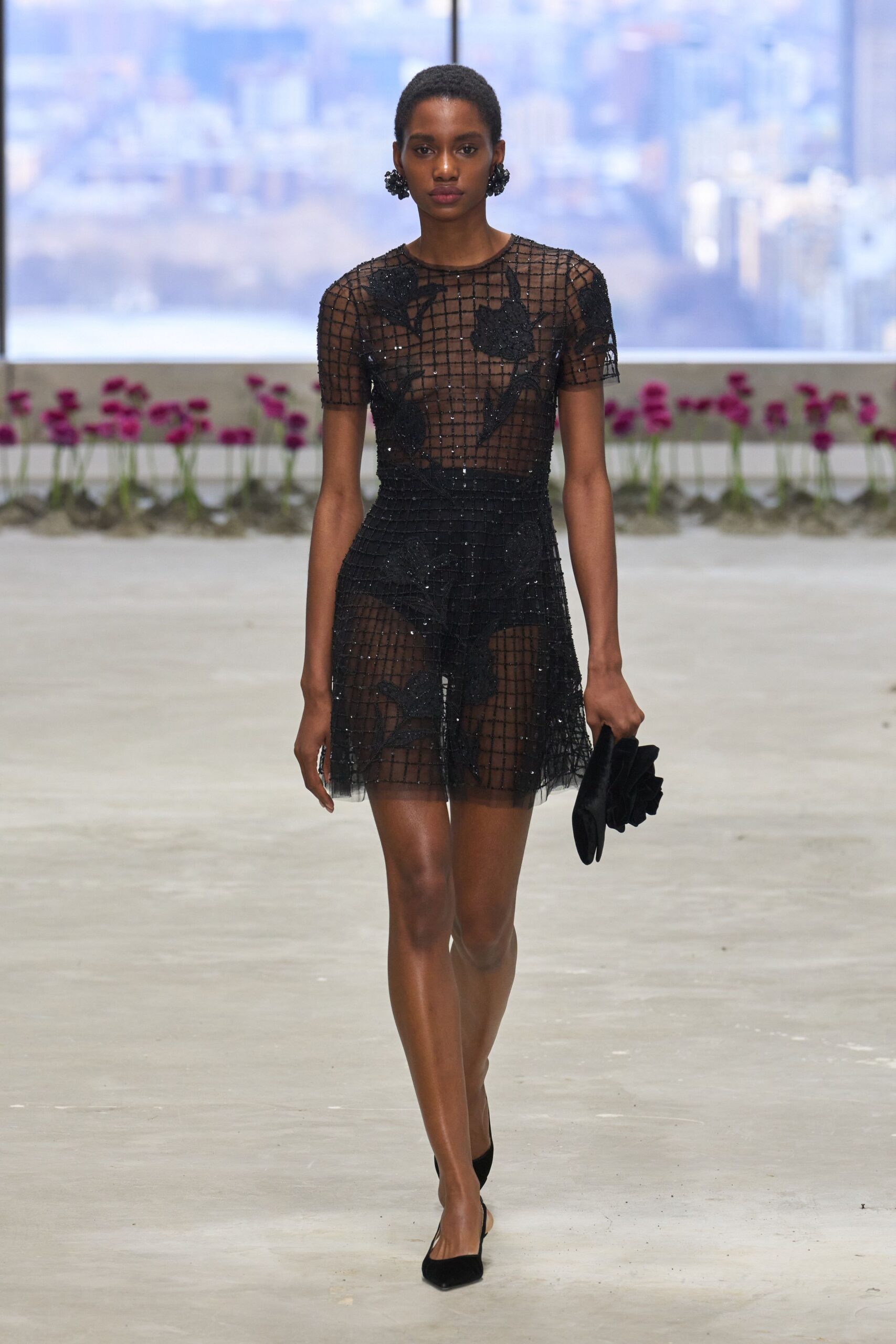 black sequin short-sleeve v-neck fitted pleated layered dress
