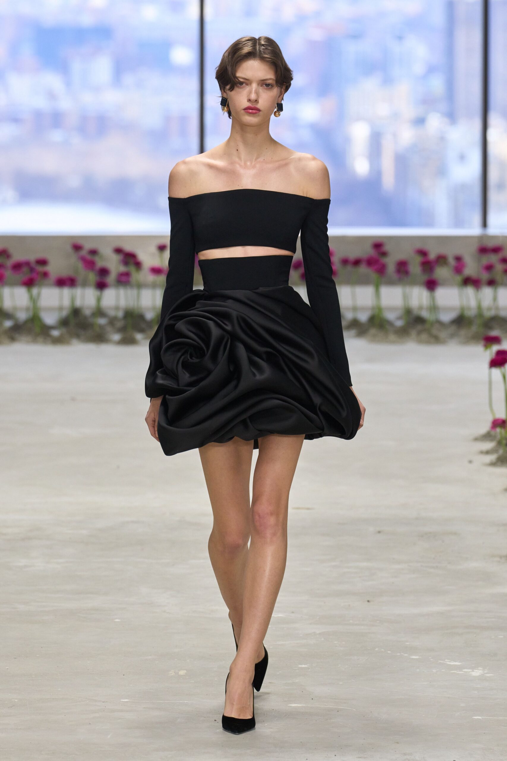 black silk sleeveless off-shoulder fitted pleated layered dress