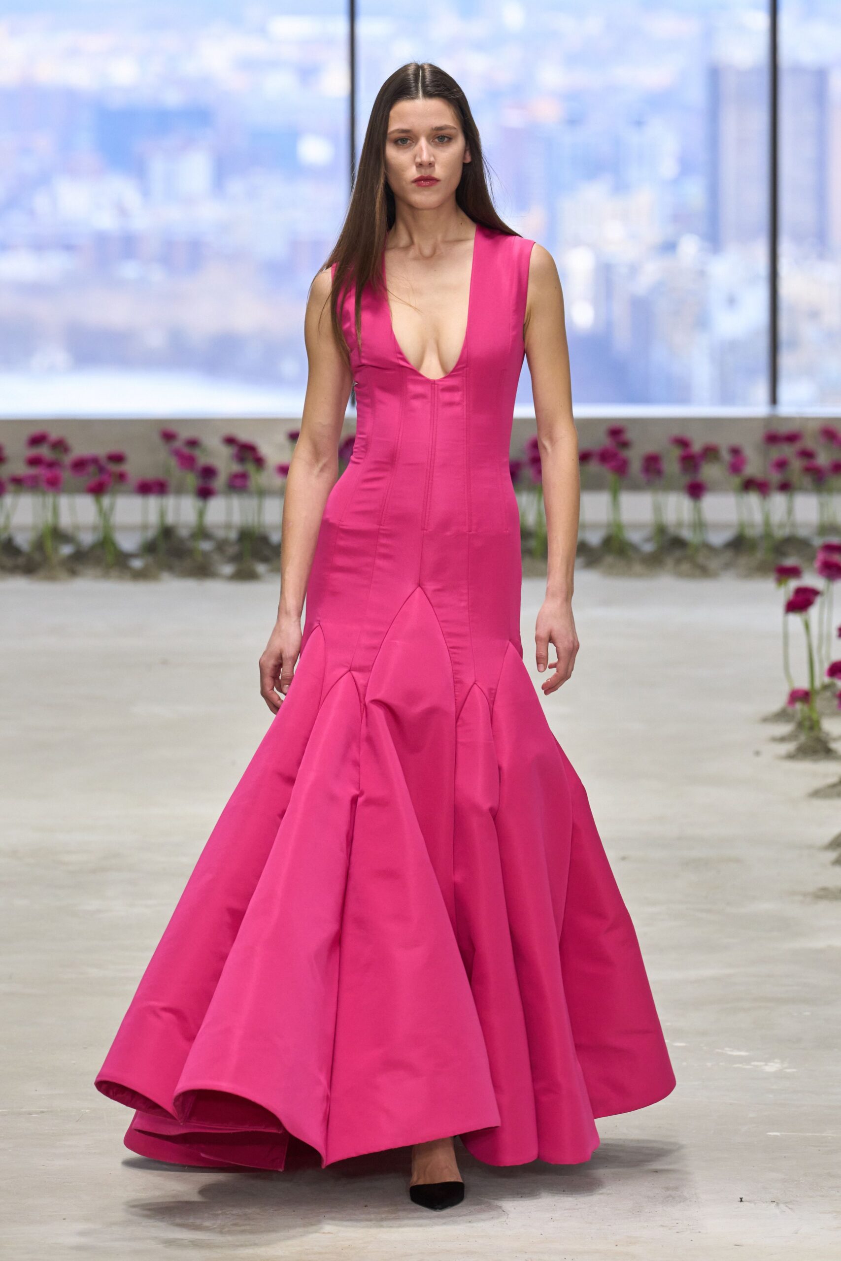 pink silk sleeveless v-neck fitted flared maxi gown