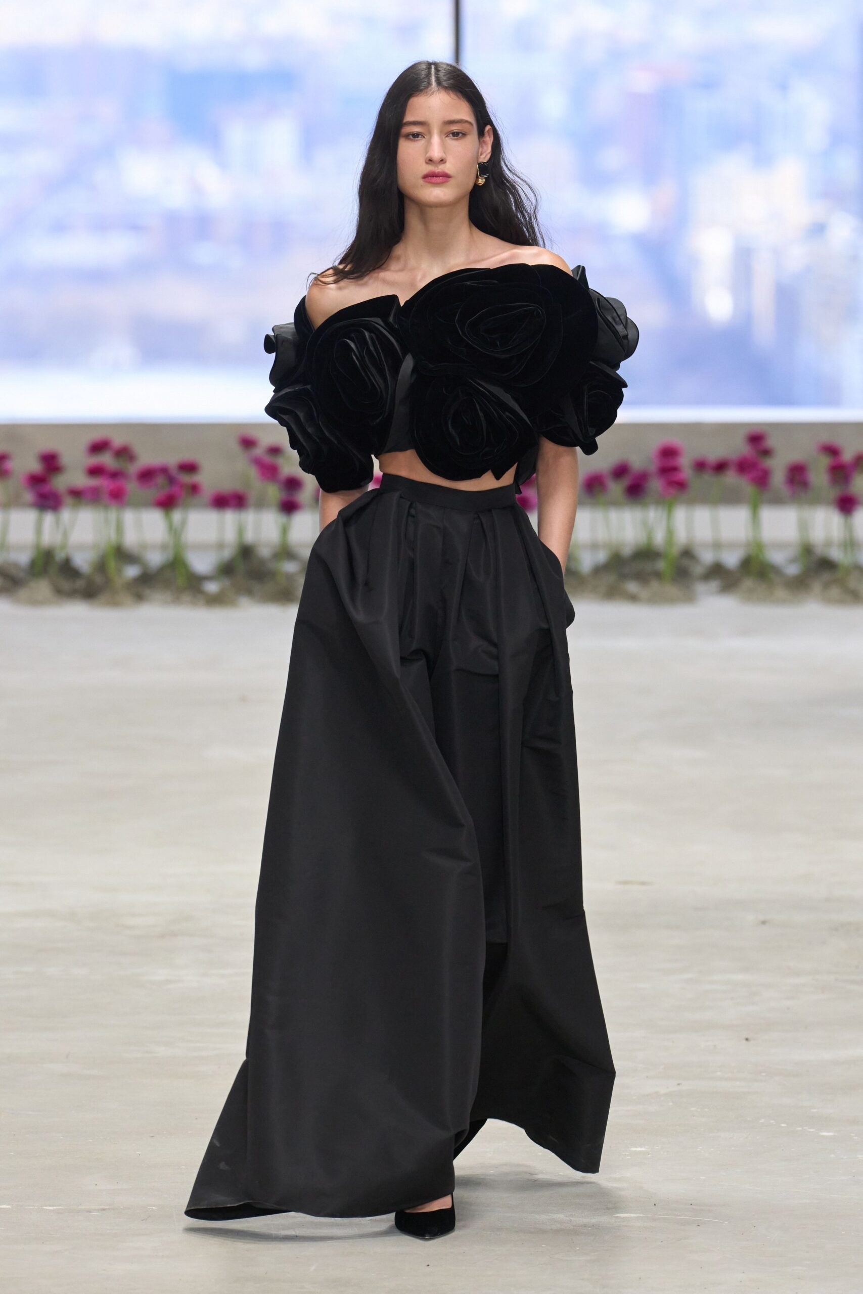 black silk fitted high-waisted a-line maxi skirt
