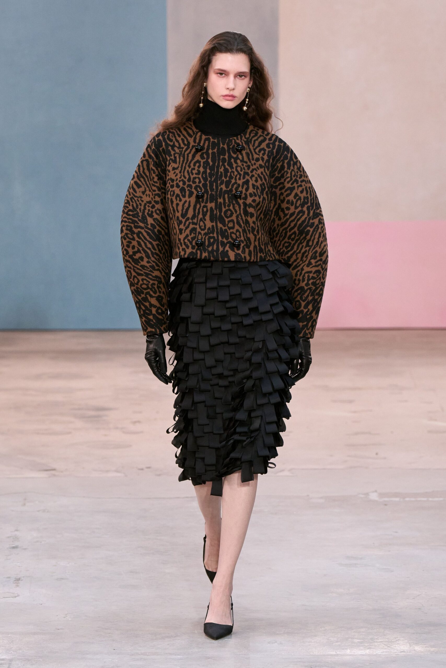 brown wool long-sleeve collared relaxed animal-print top