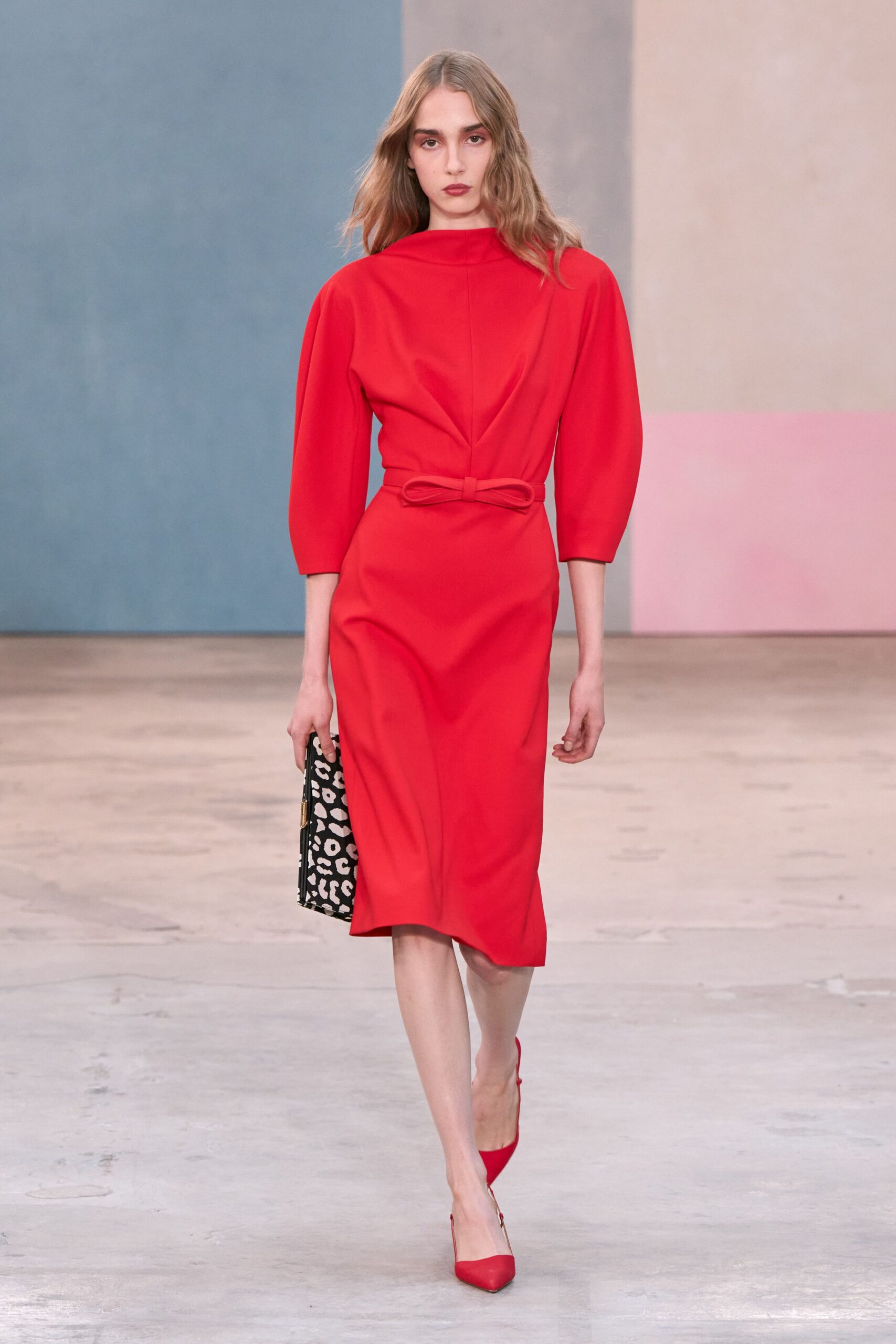 red cotton long-sleeve high-neck fitted pencil belted dress