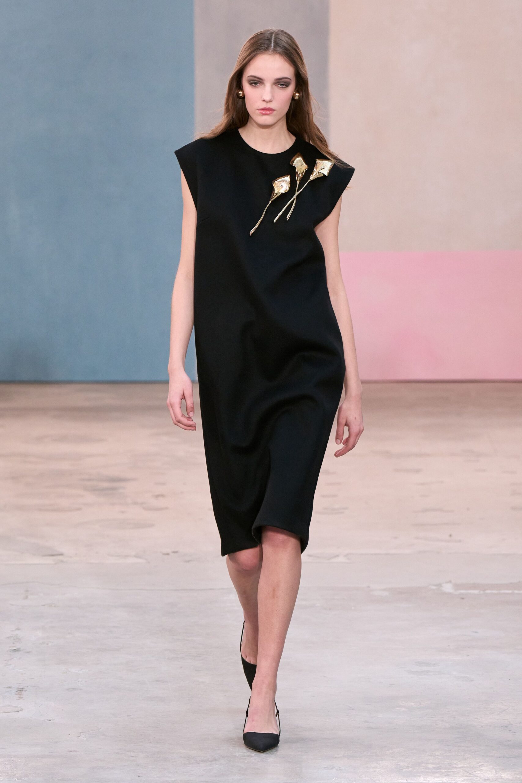 black cotton sleeveless collared relaxed draped midi dress