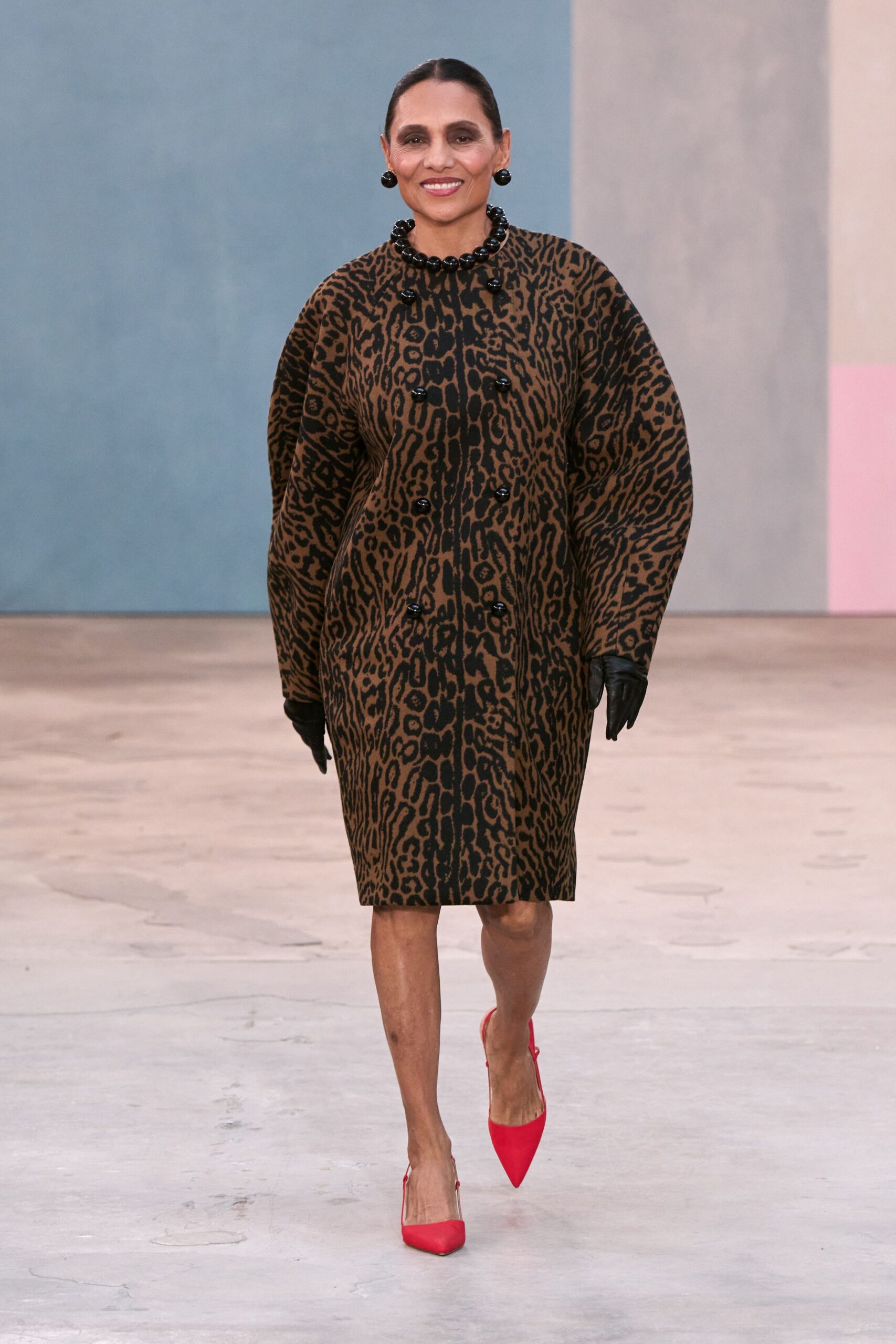 brown wool long-sleeve collared relaxed animal-print coat