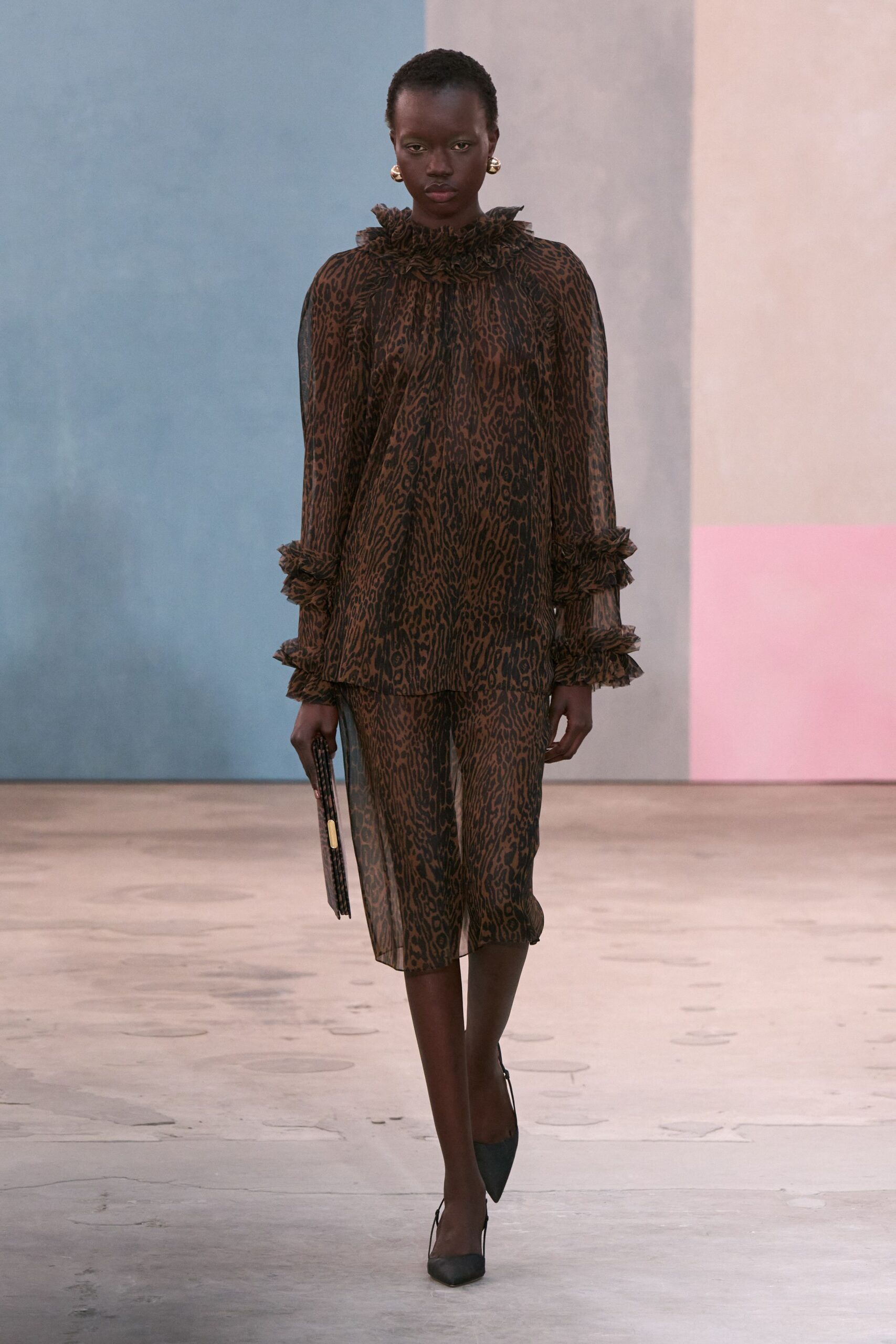 brown silk fitted animal-print straight-leg sheer pants