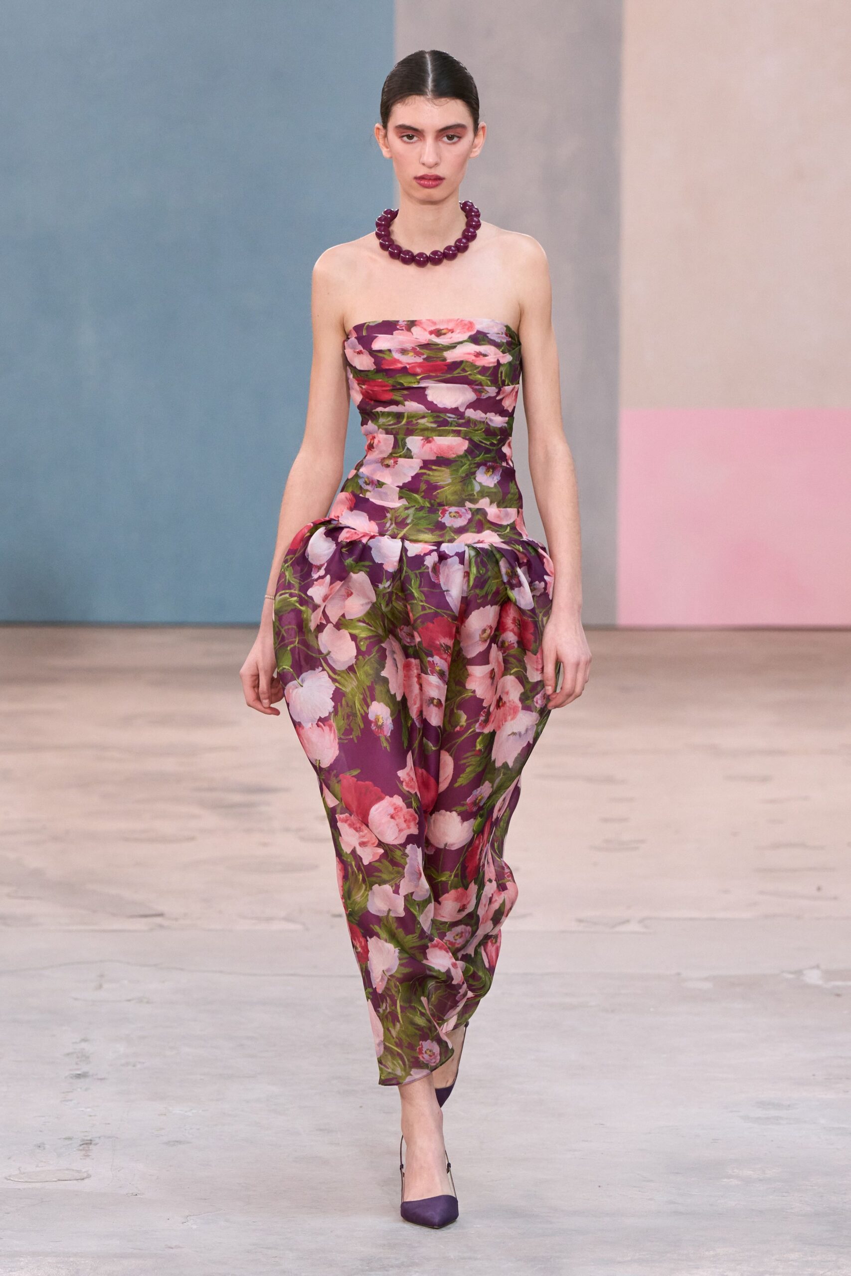 purple silk strapless fitted floral pleated maxi gown
