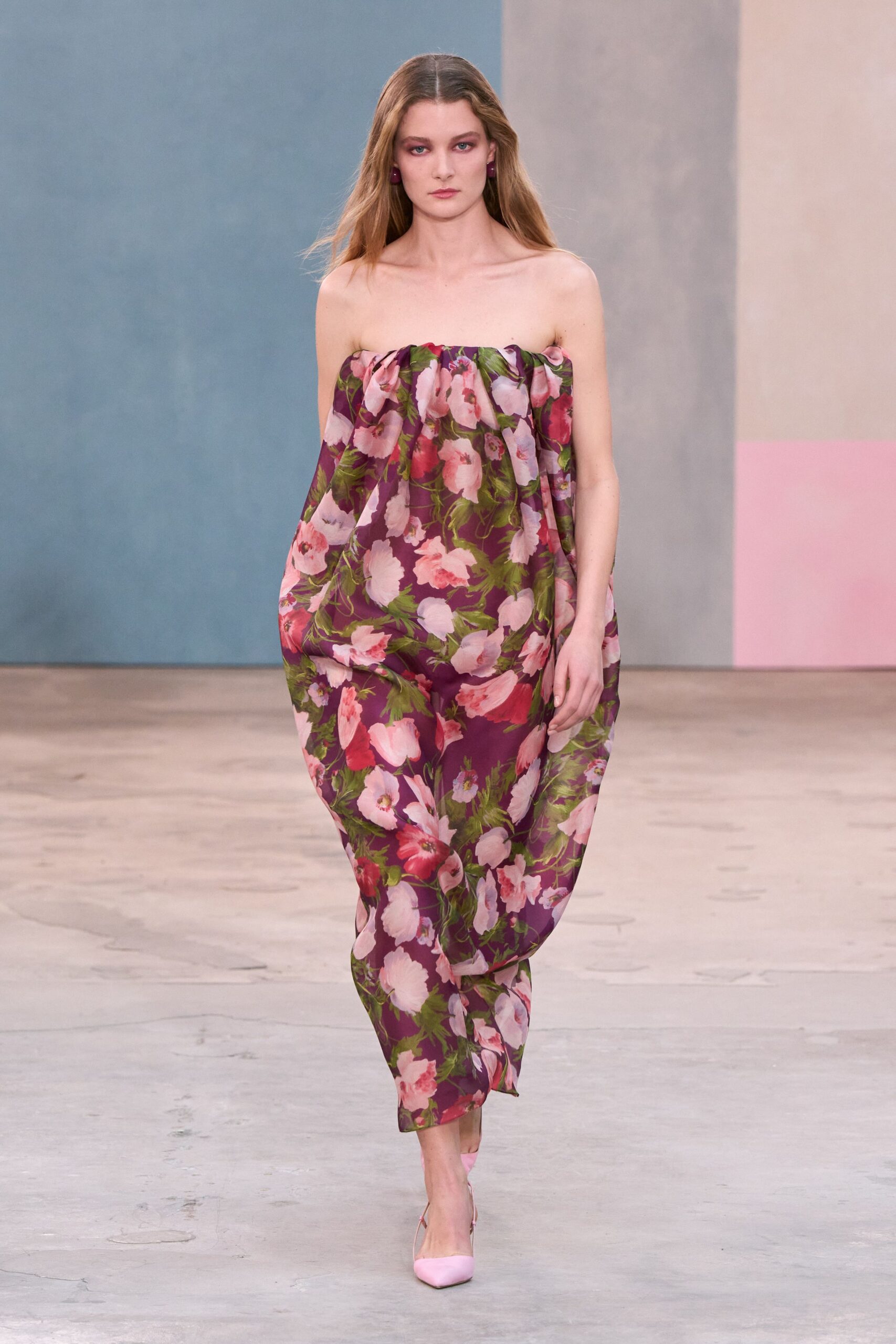 pink silk strapless relaxed floral jumpsuit