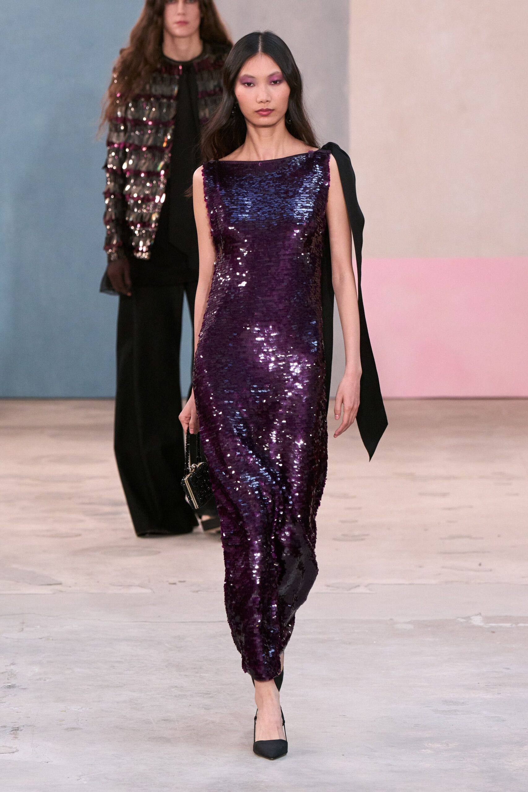 purple sequin sleeveless v-neck fitted layered shiny dress