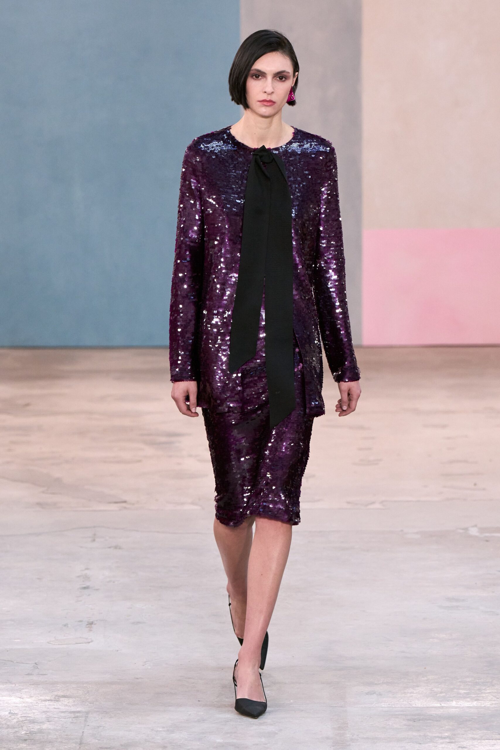 purple sequin long-sleeve v-neck fitted zippered shiny dress