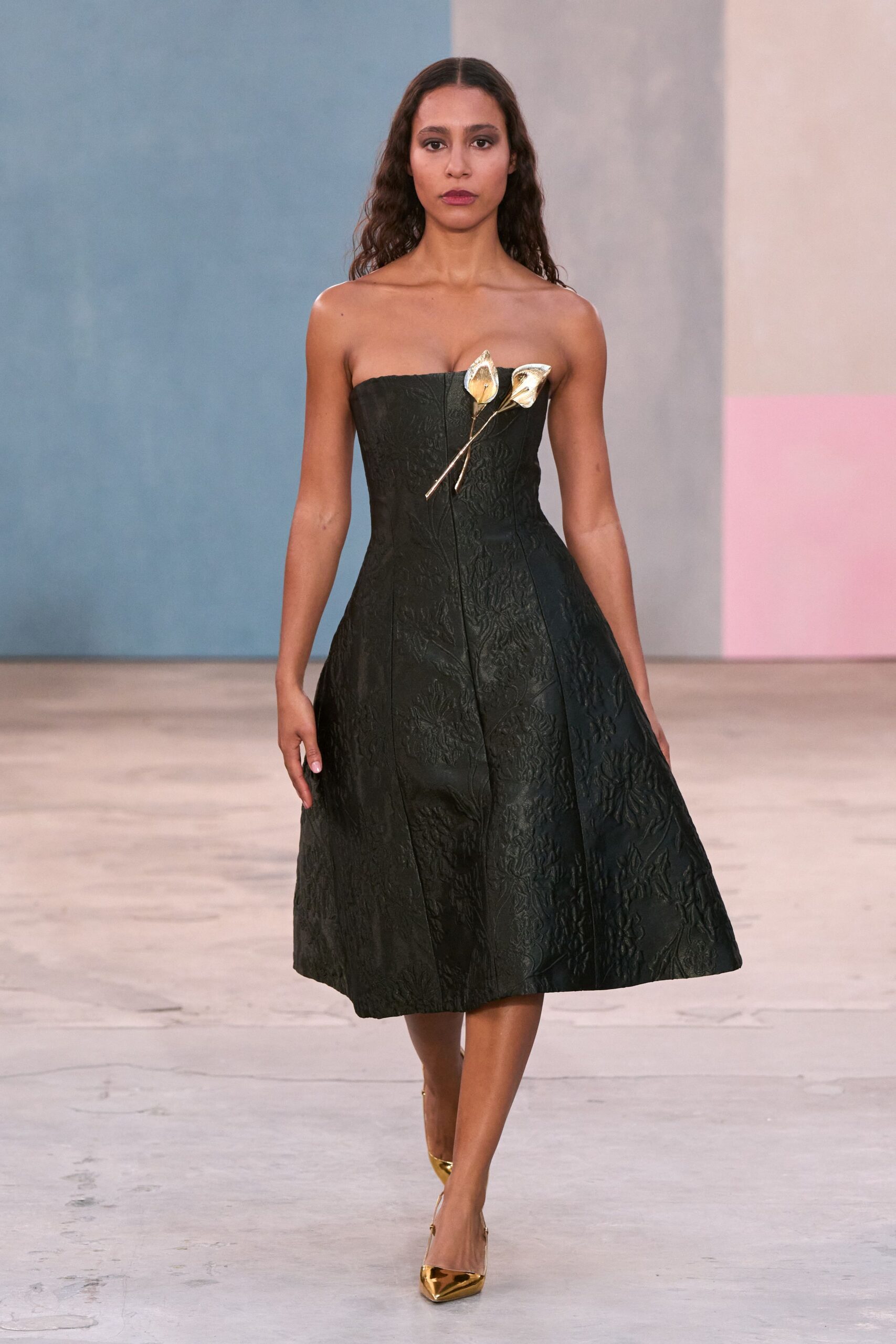 black silk strapless fitted pleated midi dress
