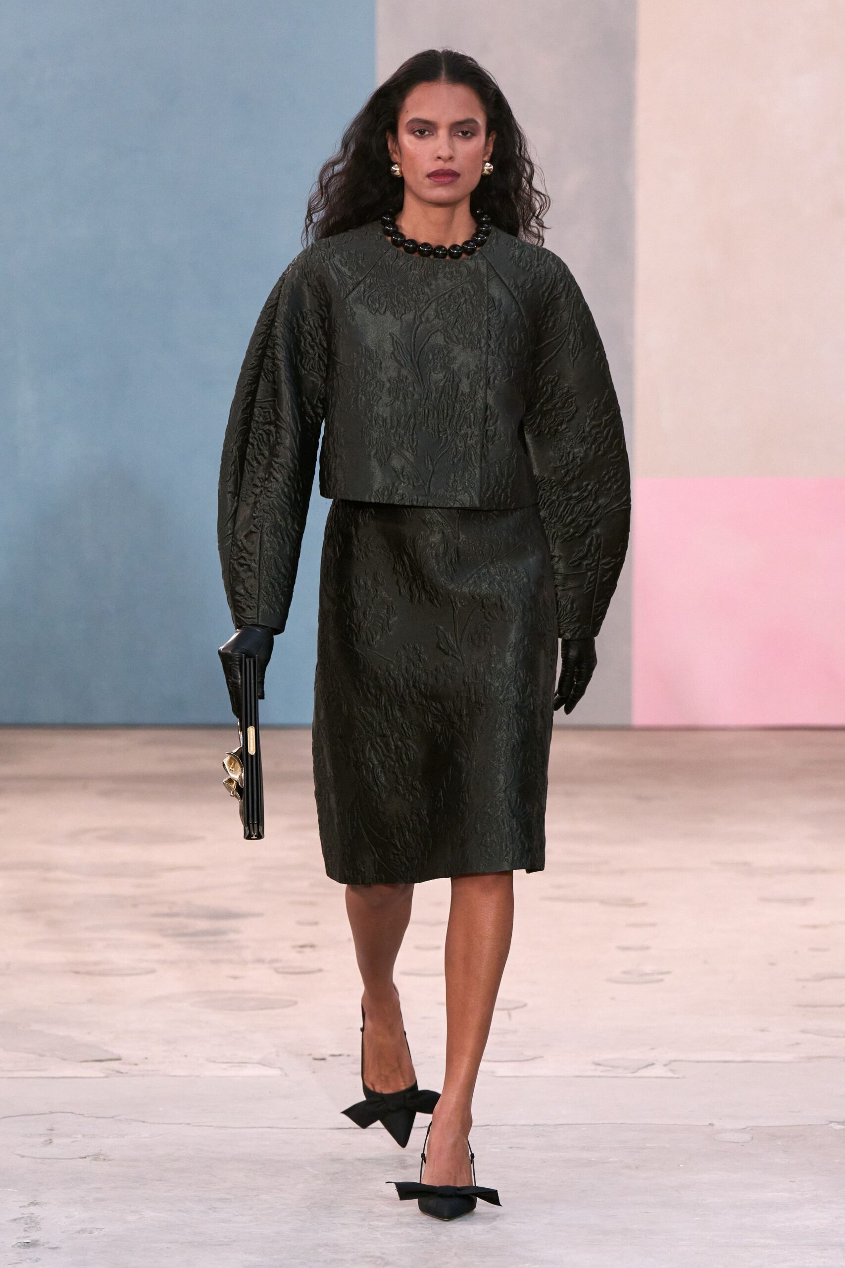 black silk long-sleeve collared fitted textured jacket