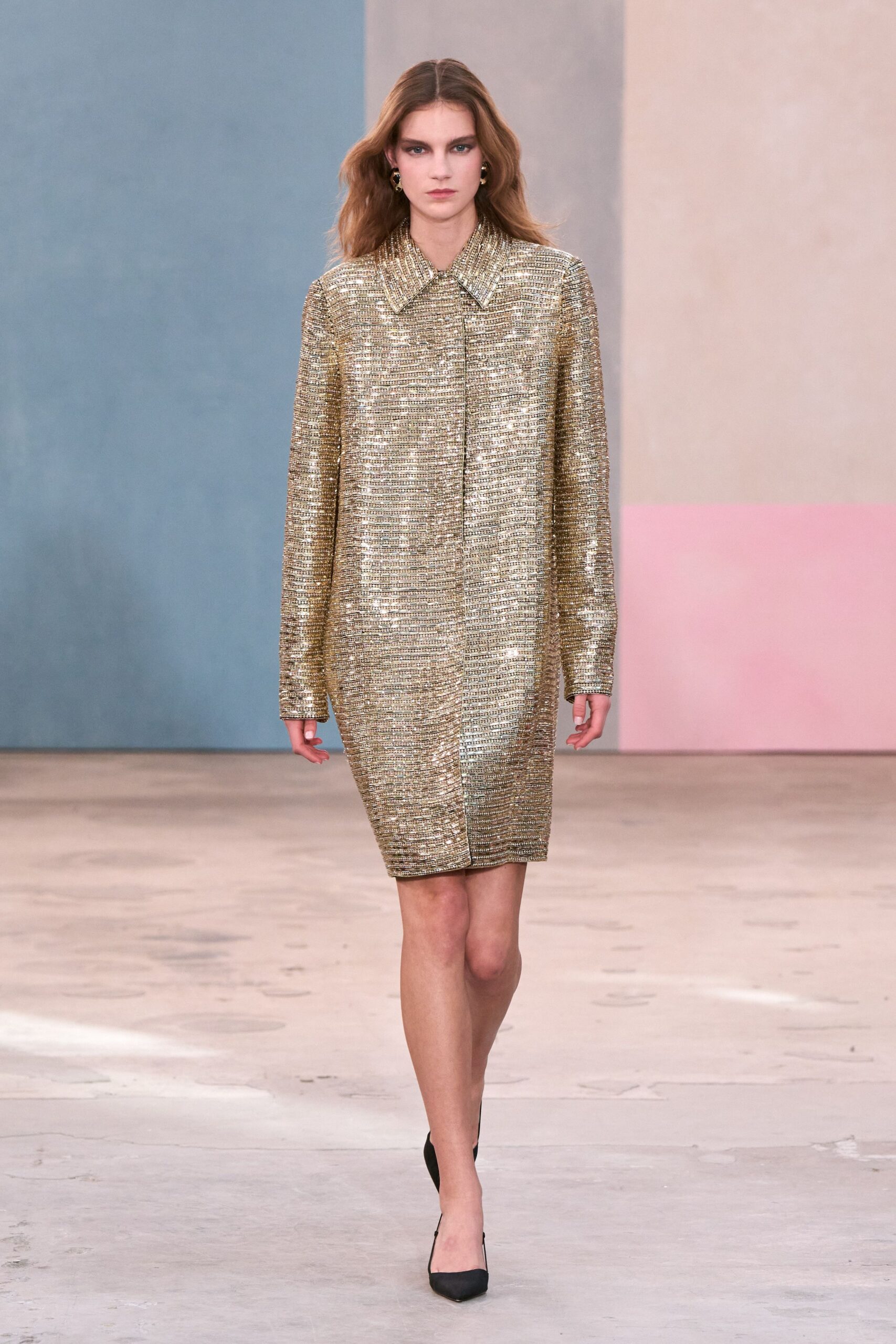 gold sequin long-sleeve collared fitted straight-leg shiny dress