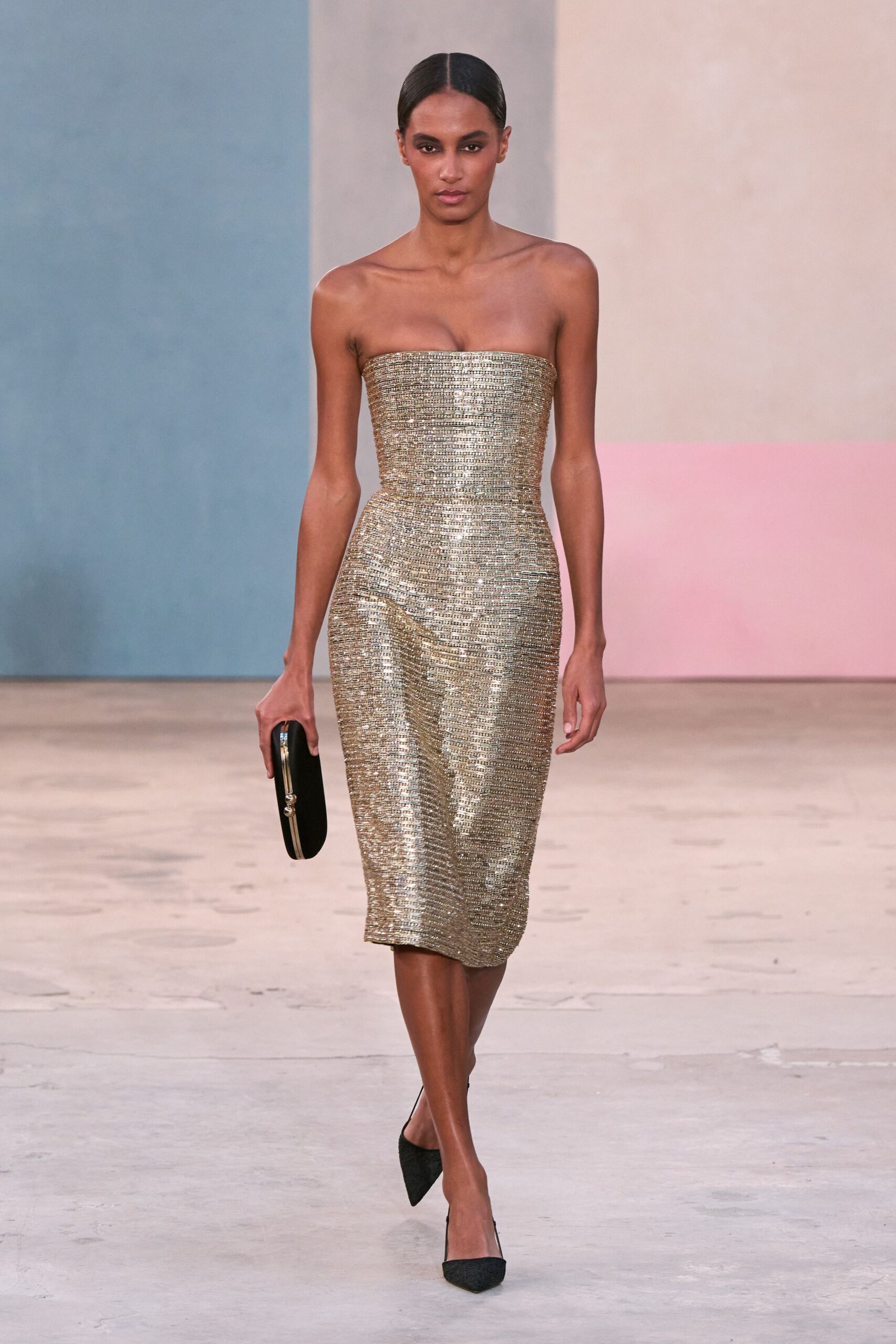 gold sequin strapless fitted pencil shiny midi dress