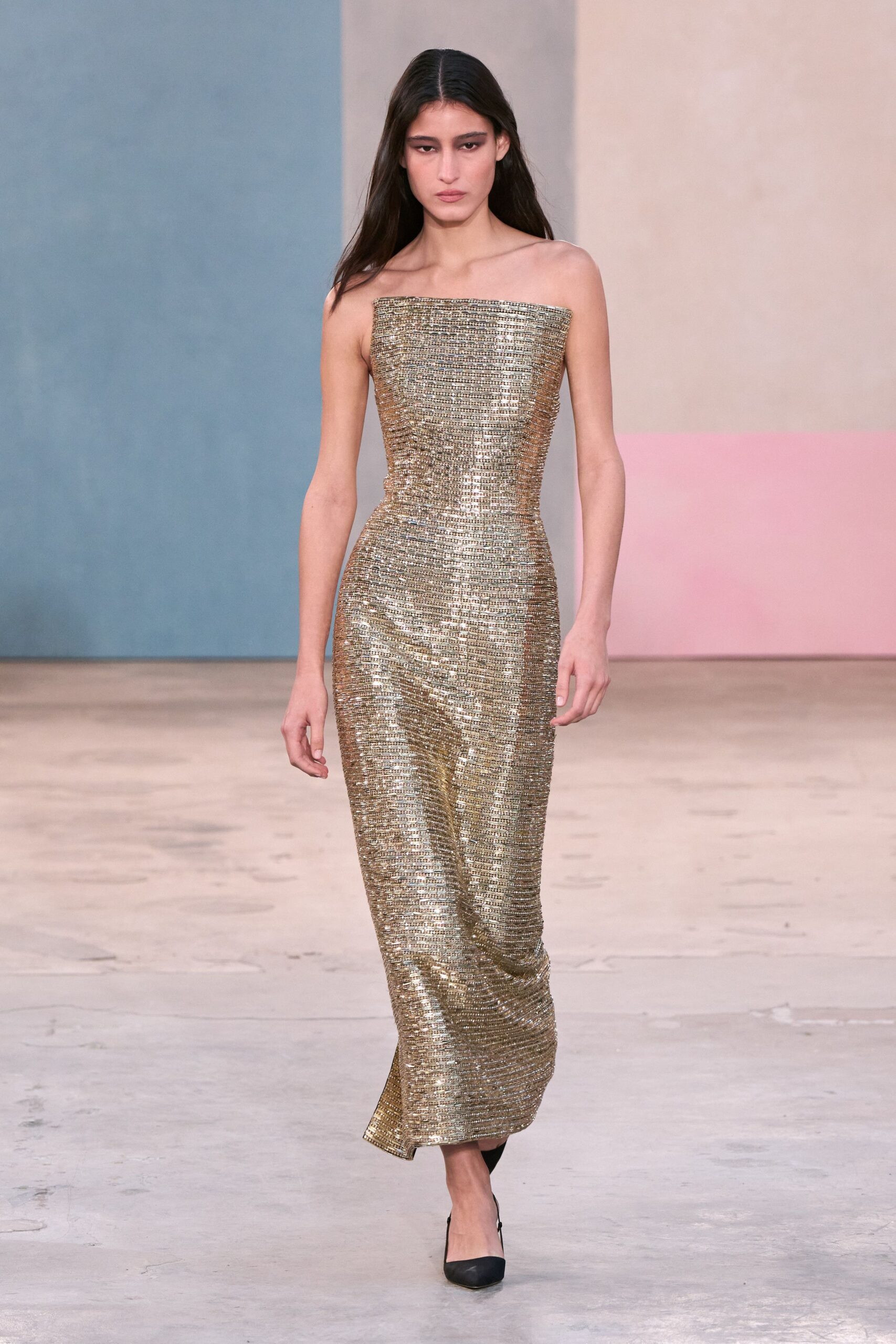gold sequin strapless fitted layered shiny maxi gown