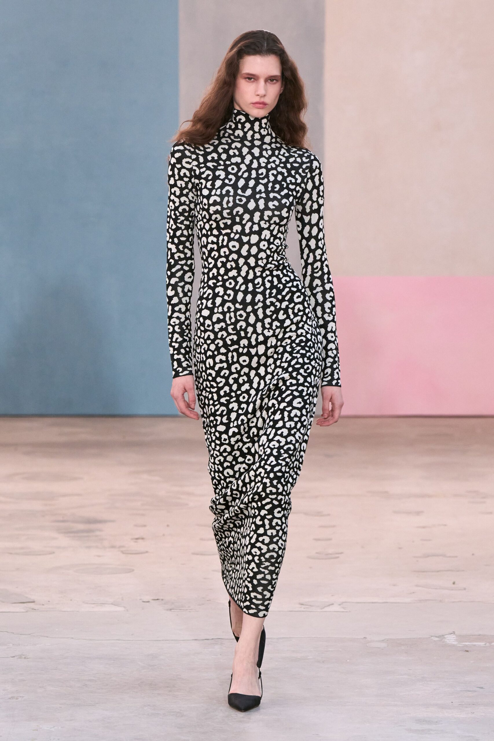 black jersey long-sleeve high-neck fitted animal-print ruched dress