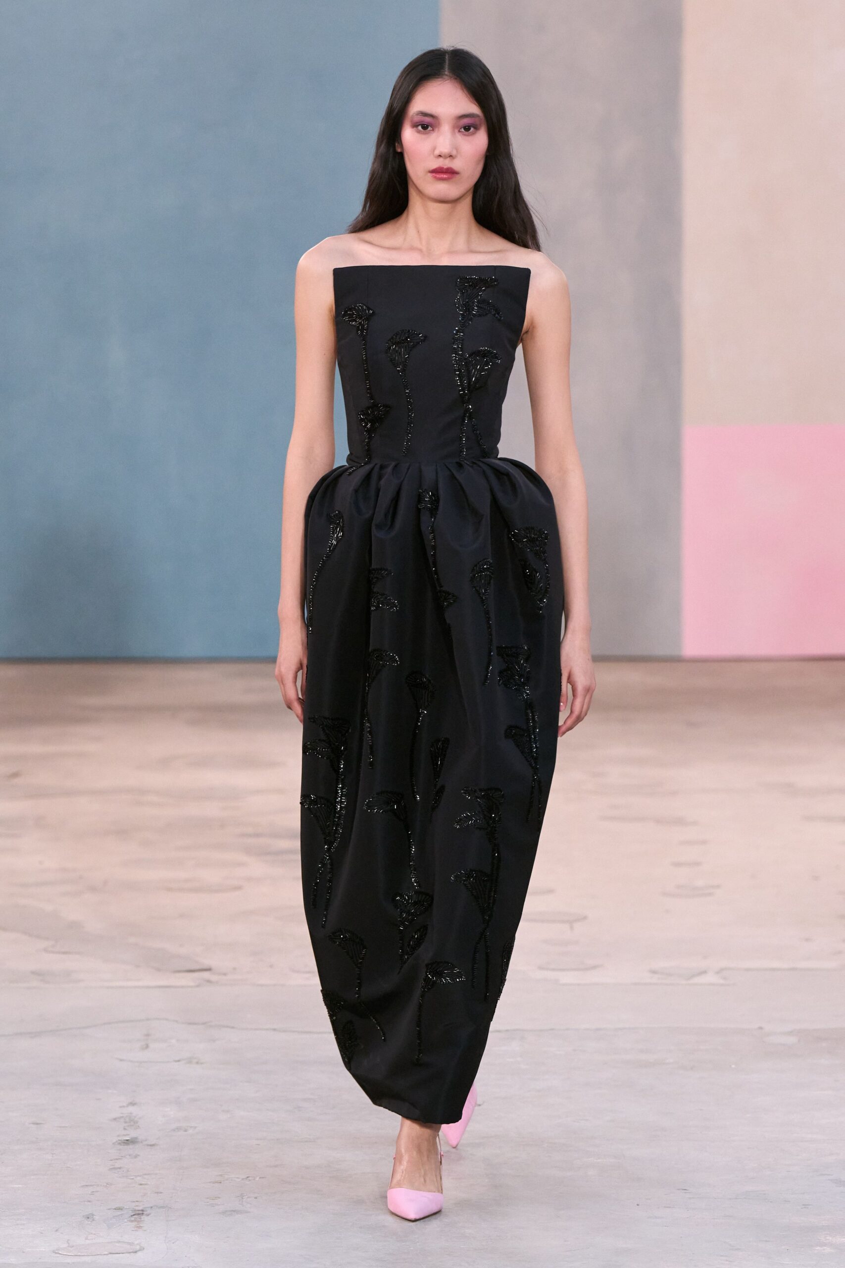 black silk strapless fitted pleated embroidered maxi gown