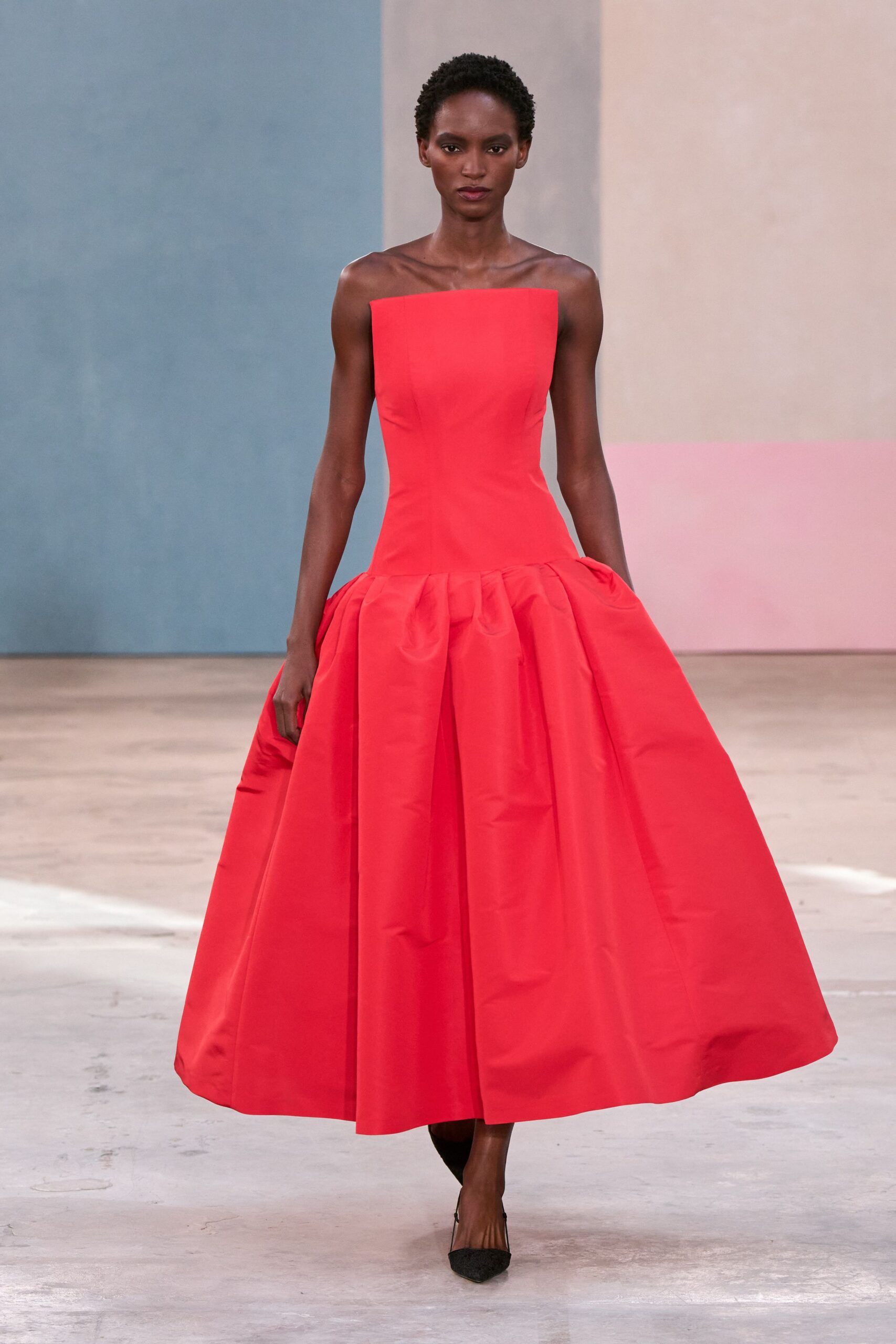 red silk sleeveless square-neck fitted pleated midi gown