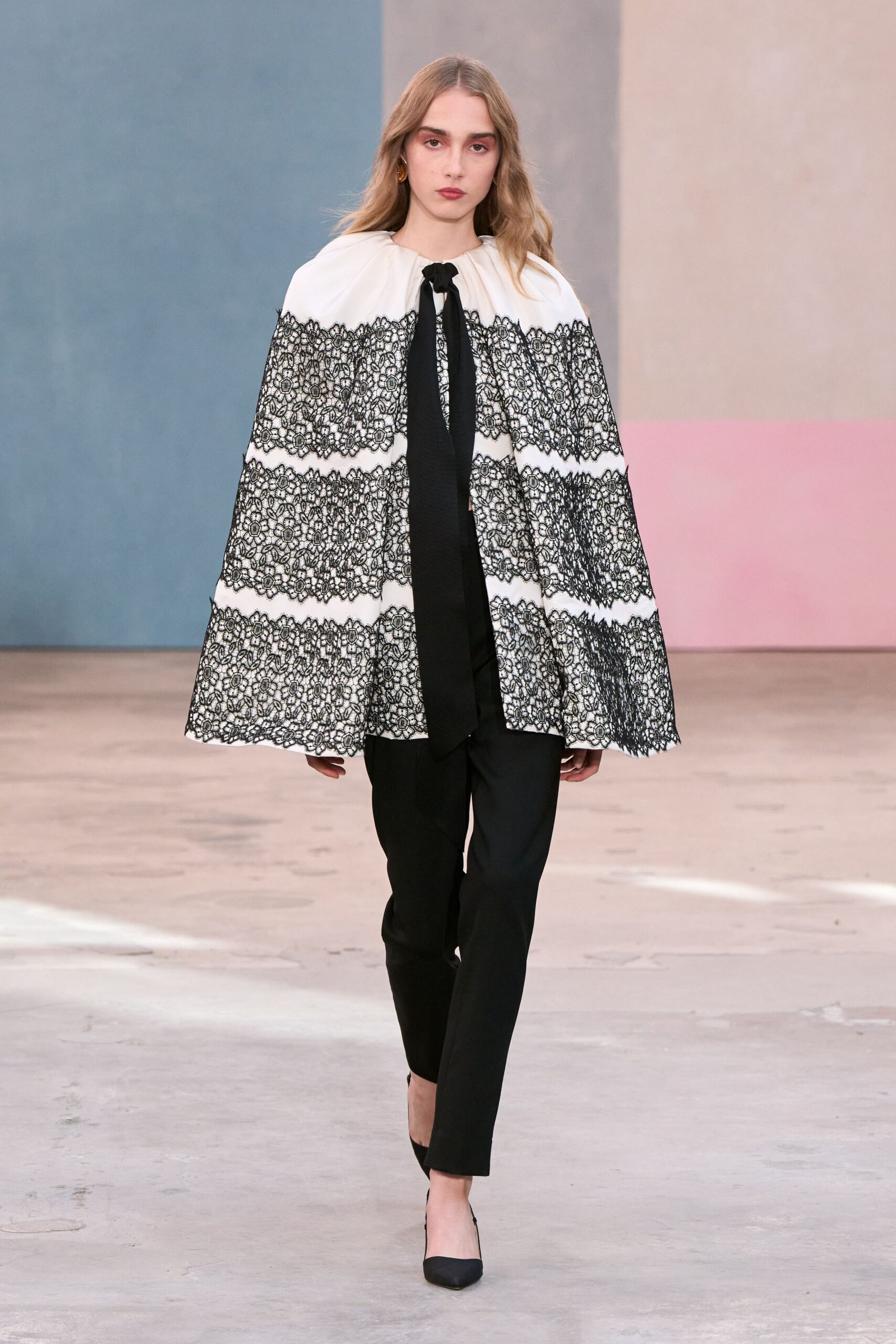 black lace long-sleeve structured layered embroidered cape