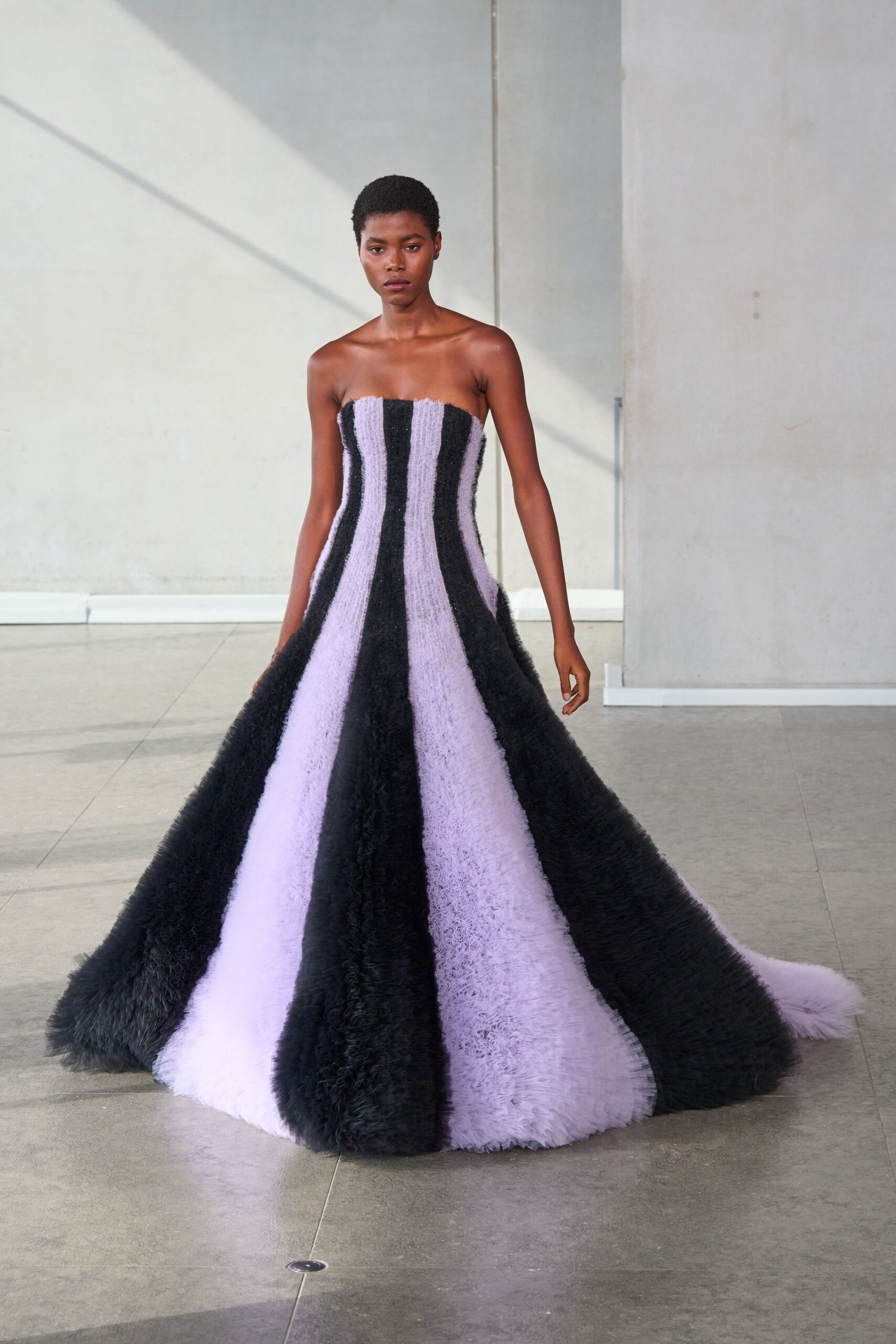 black and purple strapless gown
