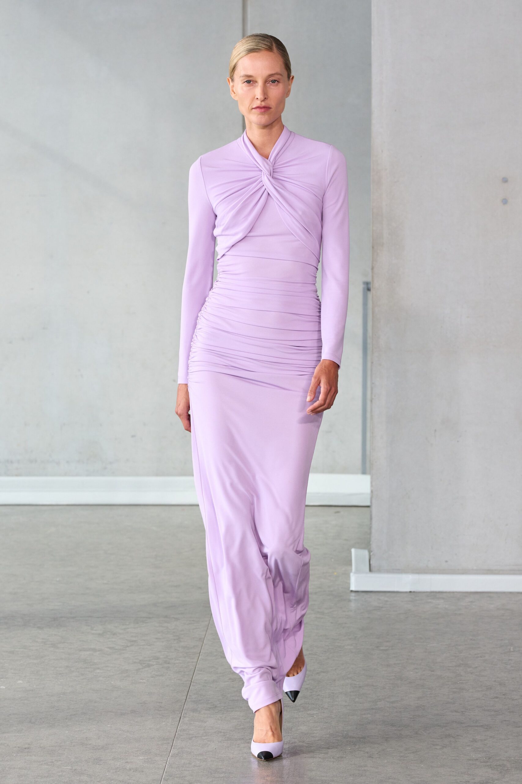 purple jersey long-sleeve v-neck fitted ruched maxi gown