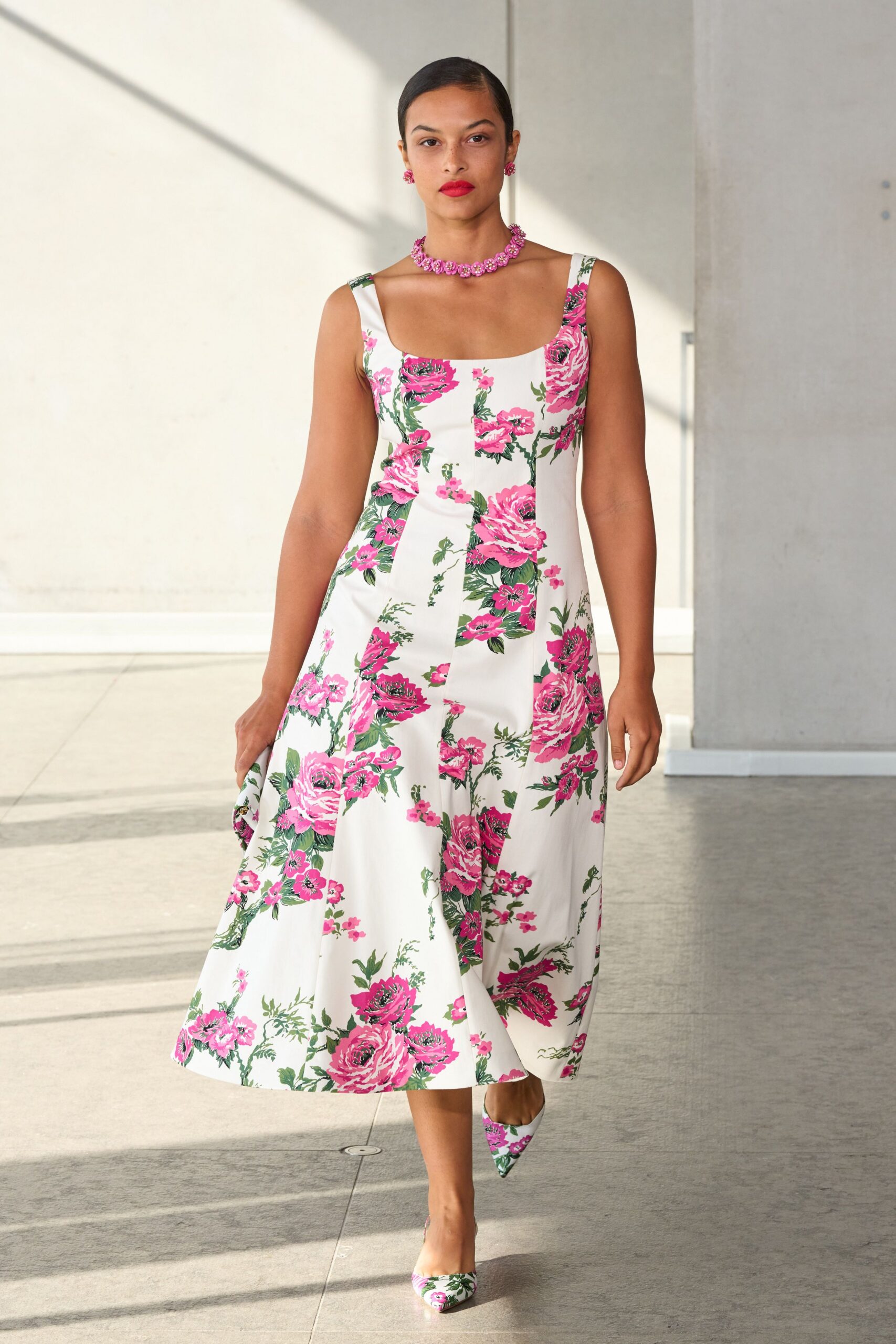 floral midi dress with matching shoes
