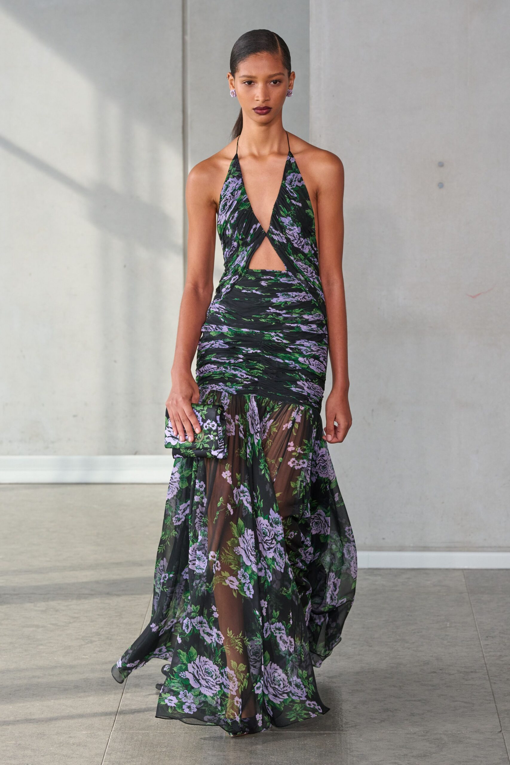 black silk sleeveless halter fitted floral ruched gown