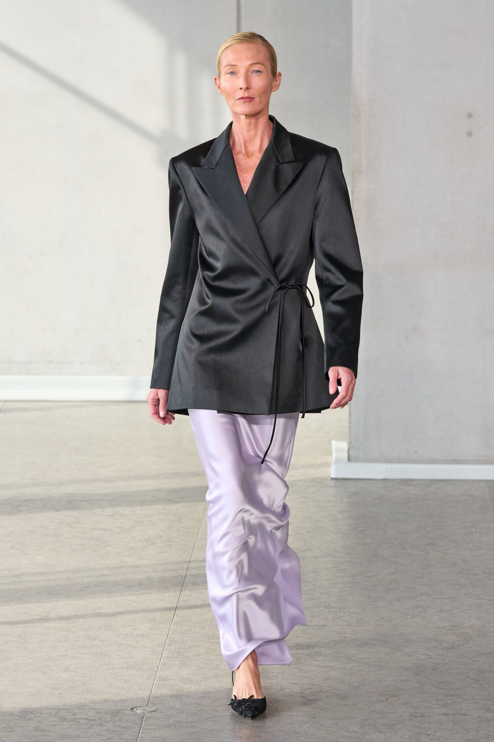 purple satin slit fitted layered flowing skirt