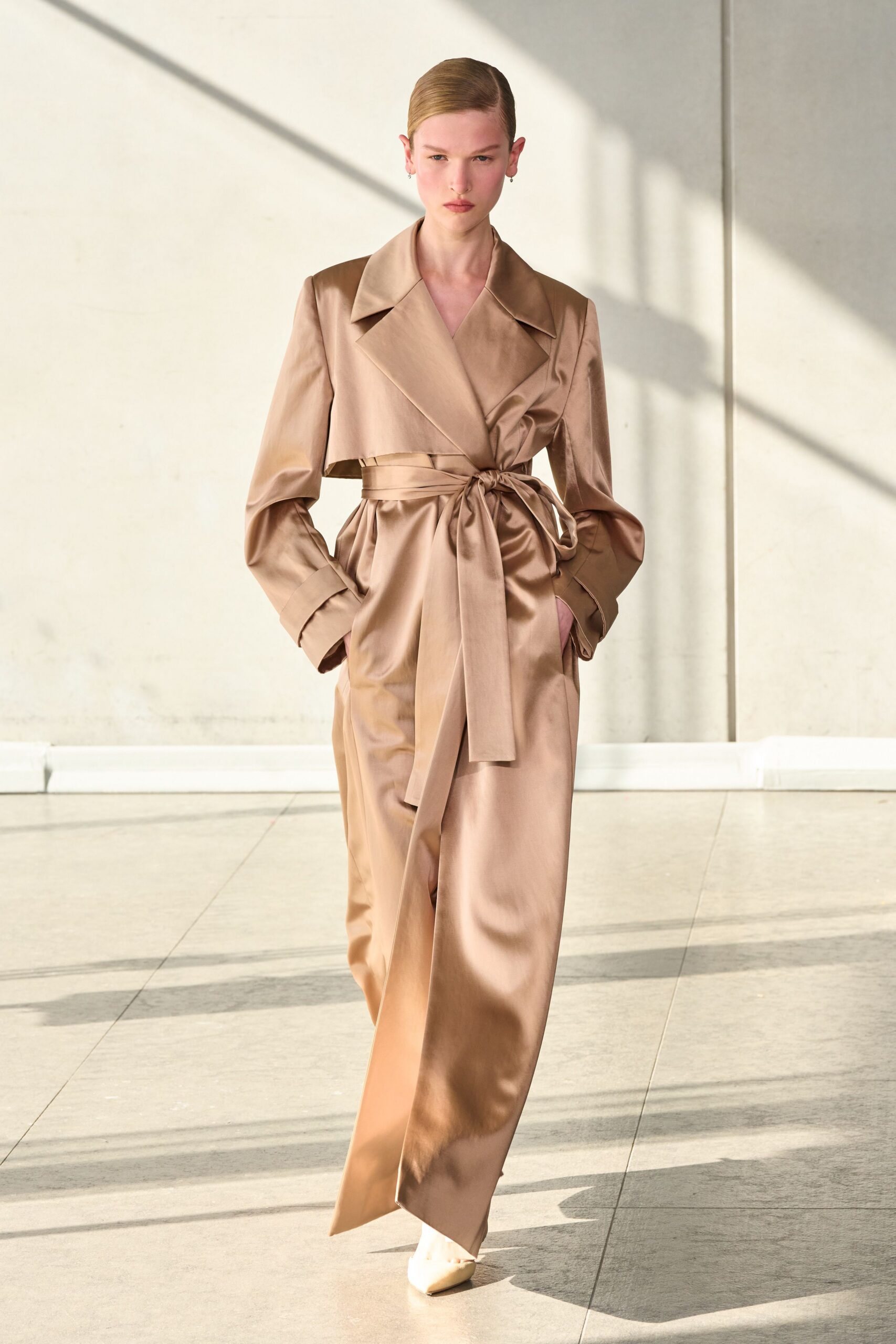 beige silk long-sleeve collared fitted belted maxi dress